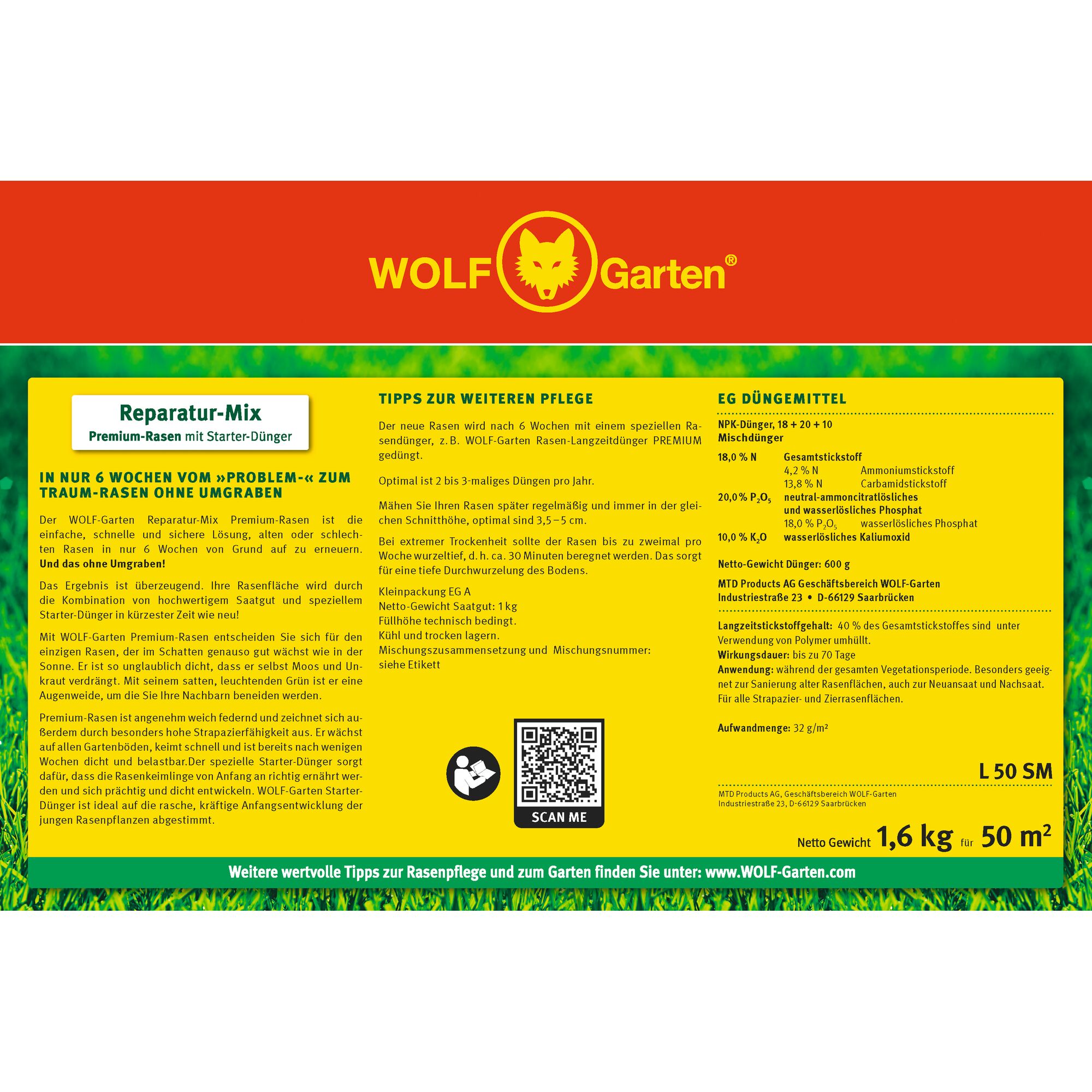 Product packaging for WOLF Garten Reparatur-Mix, a premium lawn repair mixture with starter fertilizer. The packaging is primarily yellow with red and green accents. Information about usage, tips for further lawn care, fertilizer composition, net weight (1.6 kg), and coverage area (50 m²) is printed on the package. There is a QR code and various instructions in German.