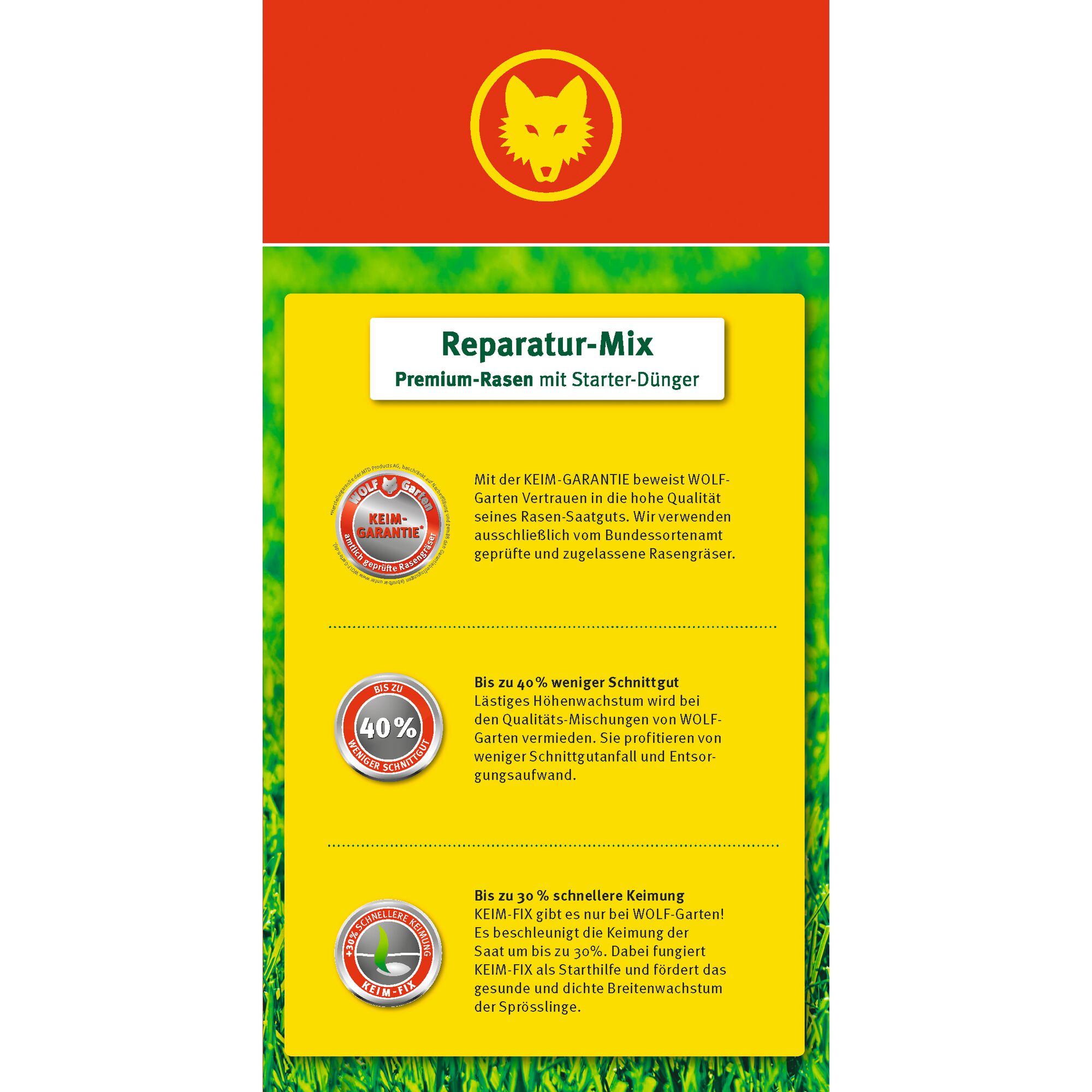 WOLF-Garten Reparatur-Mix Premium Lawn with Starter Fertilizer packaging. The top section features a red background with a yellow wolf logo. The middle section has a yellow background and details three product features: a germination guarantee, up to 40% less mowing waste, and up to 30% faster germination. The pack highlights the use of quality-tested lawn seeds, reduced mowing residue, and enhanced germination speed.