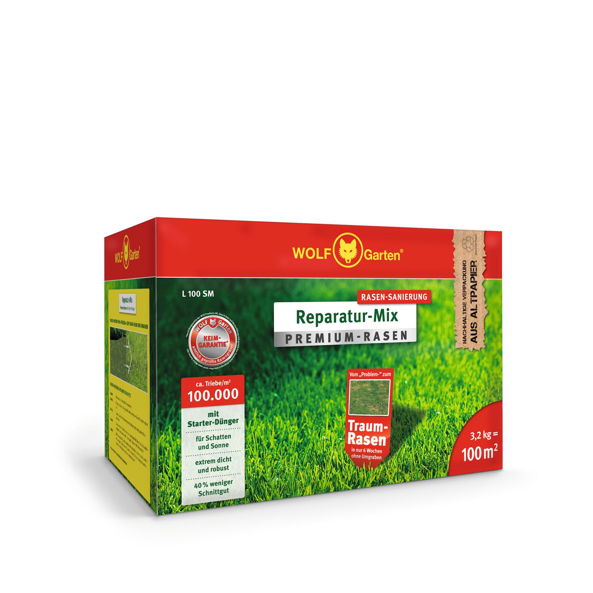 Box of WOLF Garten Reparatur-Mix Premium-Rasen lawn repair mix, with red and green packaging, suitable for repairing lawns up to 100 square meters. The box highlights features such as starter fertilizer, suitability for sun and shade, and dense, robust growth.
