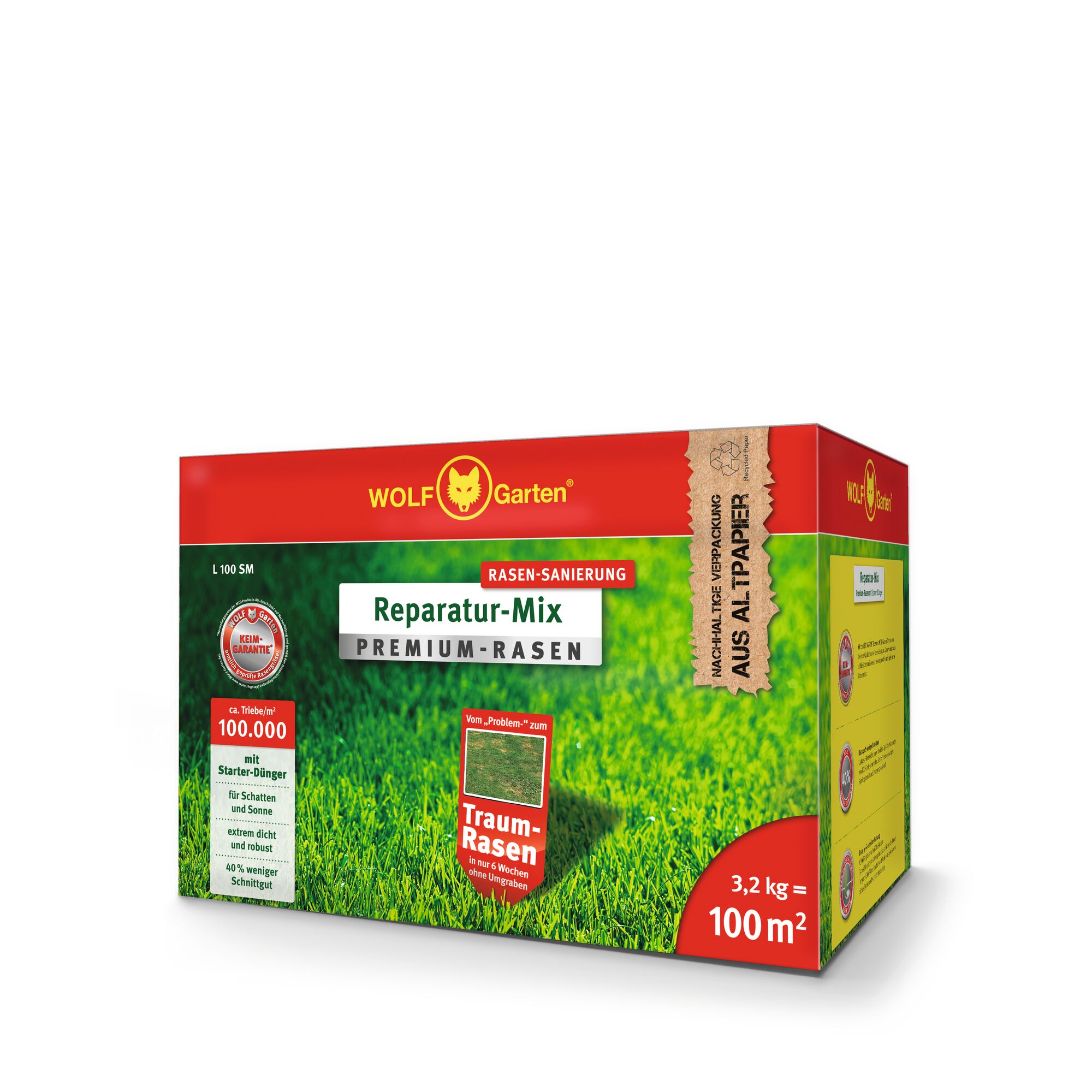 A box of WOLF Garten Reparatur-Mix Premium-Rasen lawn repair mix. The packaging features vibrant green grass imagery and details about the product, such as coverage of 100 m² and a weight of 3.2 kg.