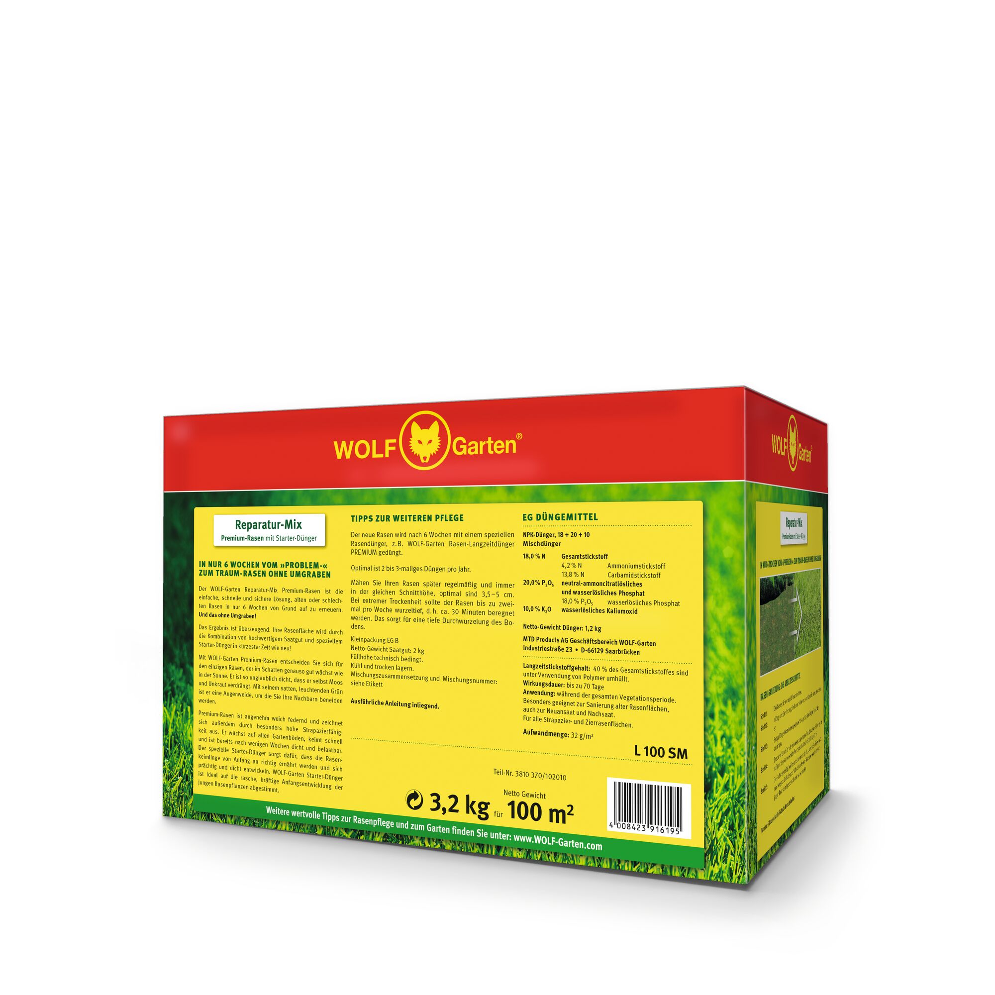 WOLFGarten Reparatur-Mix box, premium lawn seed with starter fertilizer, 3.2 kg, suitable for 100 m². The packaging is mainly red and yellow with green grass graphics, featuring product details and usage instructions in German.
