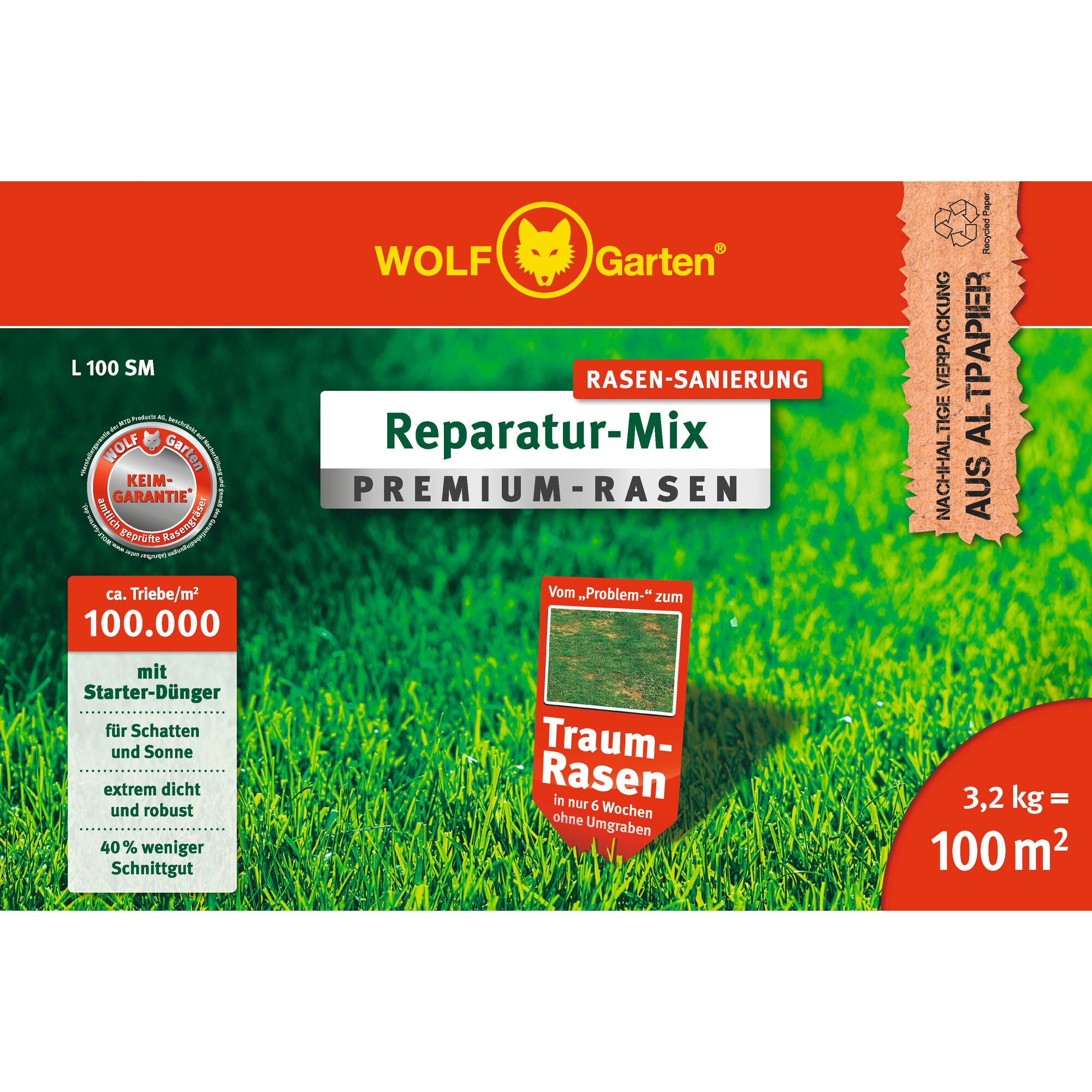 Packaging of WOLF Garten Reparatur-Mix Premium lawn repair mix for lawn restoration. The box features a bright red and green design, highlighting information such as 100,000 shoots per square meter, starter fertilizer for shade and sun, dense and robust growth, and 40% less clippings. The pack size is 3.2 kg suitable for 100 m². The packaging indicates sustainability by using recycled paper and shows a before-and-after lawn photo.