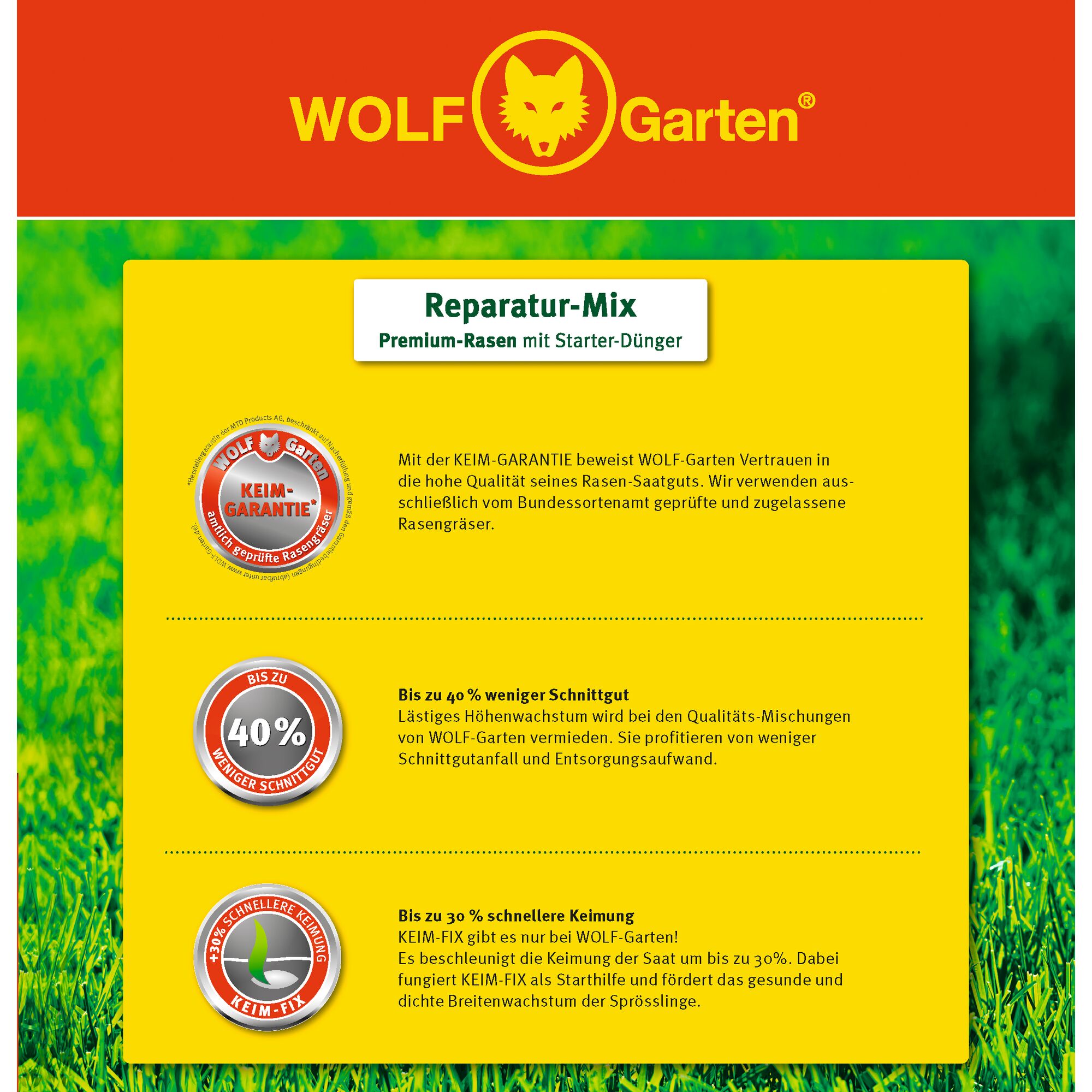 Product information sheet for WOLF-Garten Reparatur-Mix Premium lawn with starter fertilizer. The sheet is yellow with green grass at the bottom and red accents. It highlights three benefits: germination guarantee, up to 40% less clippings, and up to 30% faster germination. WOLF-Garten logo with a wolf head is at the top.