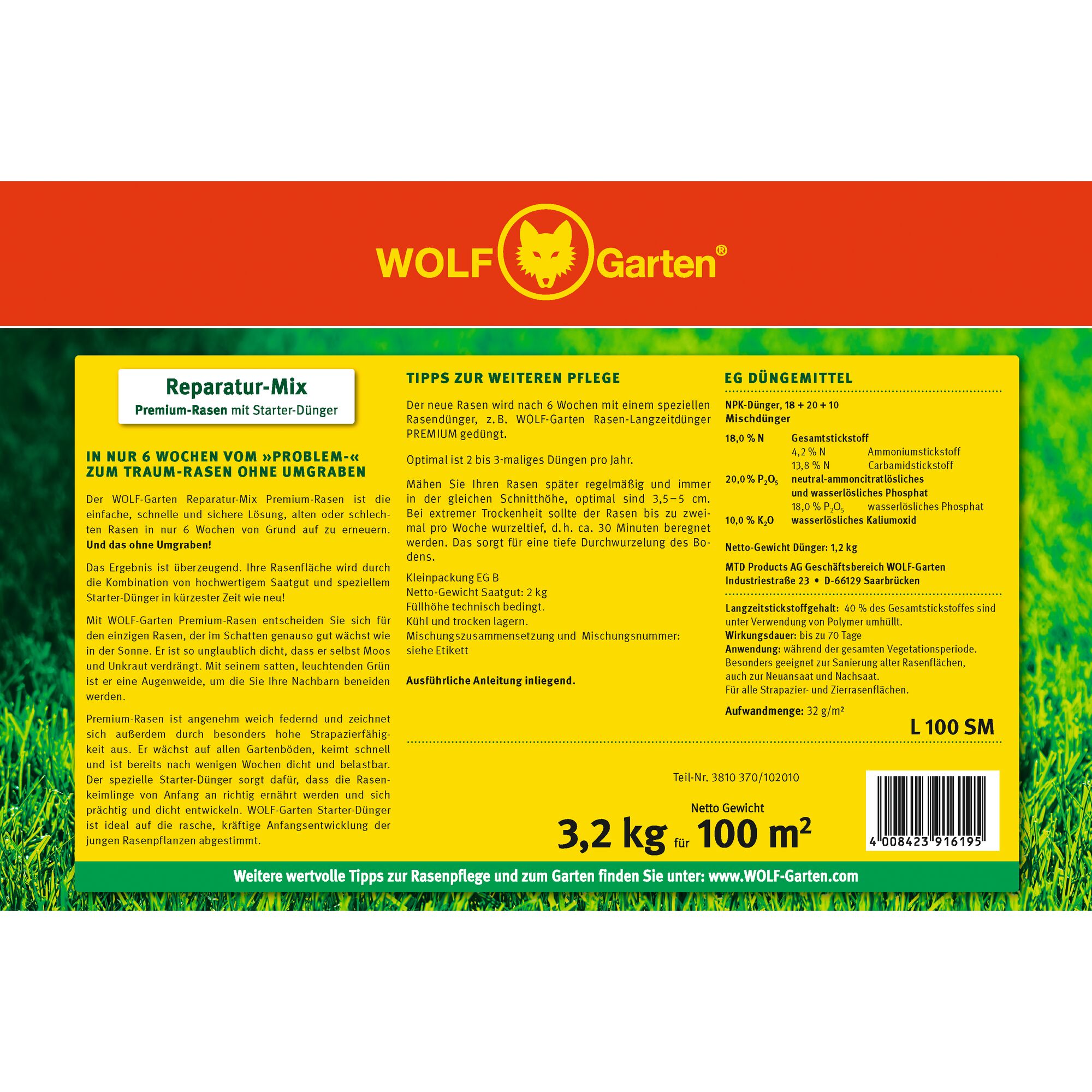 Product packaging for WOLF-Garten Reparatur-Mix, a premium lawn seed mix with starter fertilizer. The packaging describes quick and easy lawn restoration in six weeks without re-sodding, instructions for further lawn care, and details about the fertilizer composition and usage. The package is predominantly yellow and red with the WOLF-Garten logo, contains detailed German text, and indicates that the mix covers 100 square meters with a net weight of 3.2 kg.