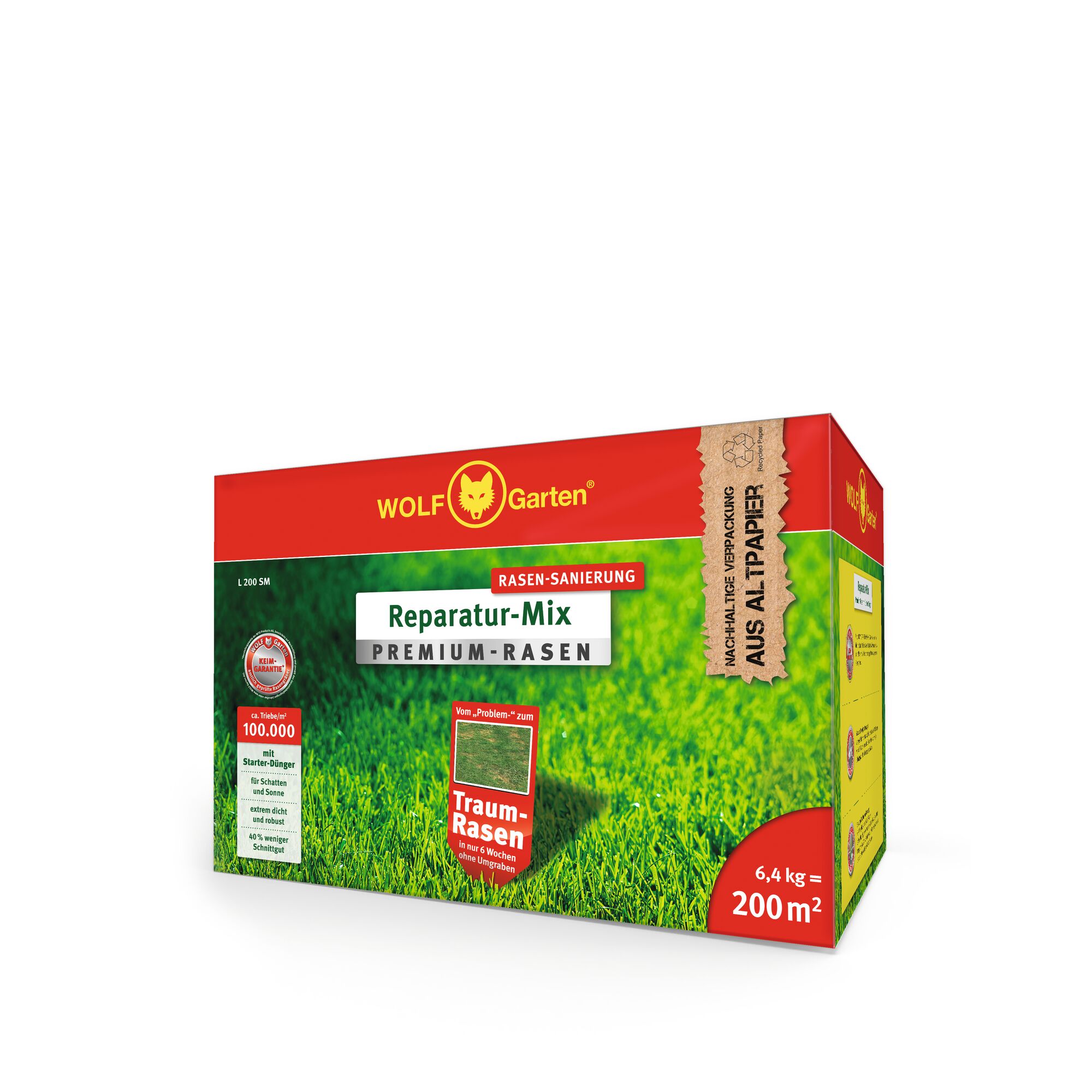 A box of WOLF Garten Reparatur-Mix Premium-Rasen lawn repair mix. The box is red and green with product details indicating it covers 200 square meters and weighs 6.4 kg. The packaging highlights environmentally friendly recycled paper.