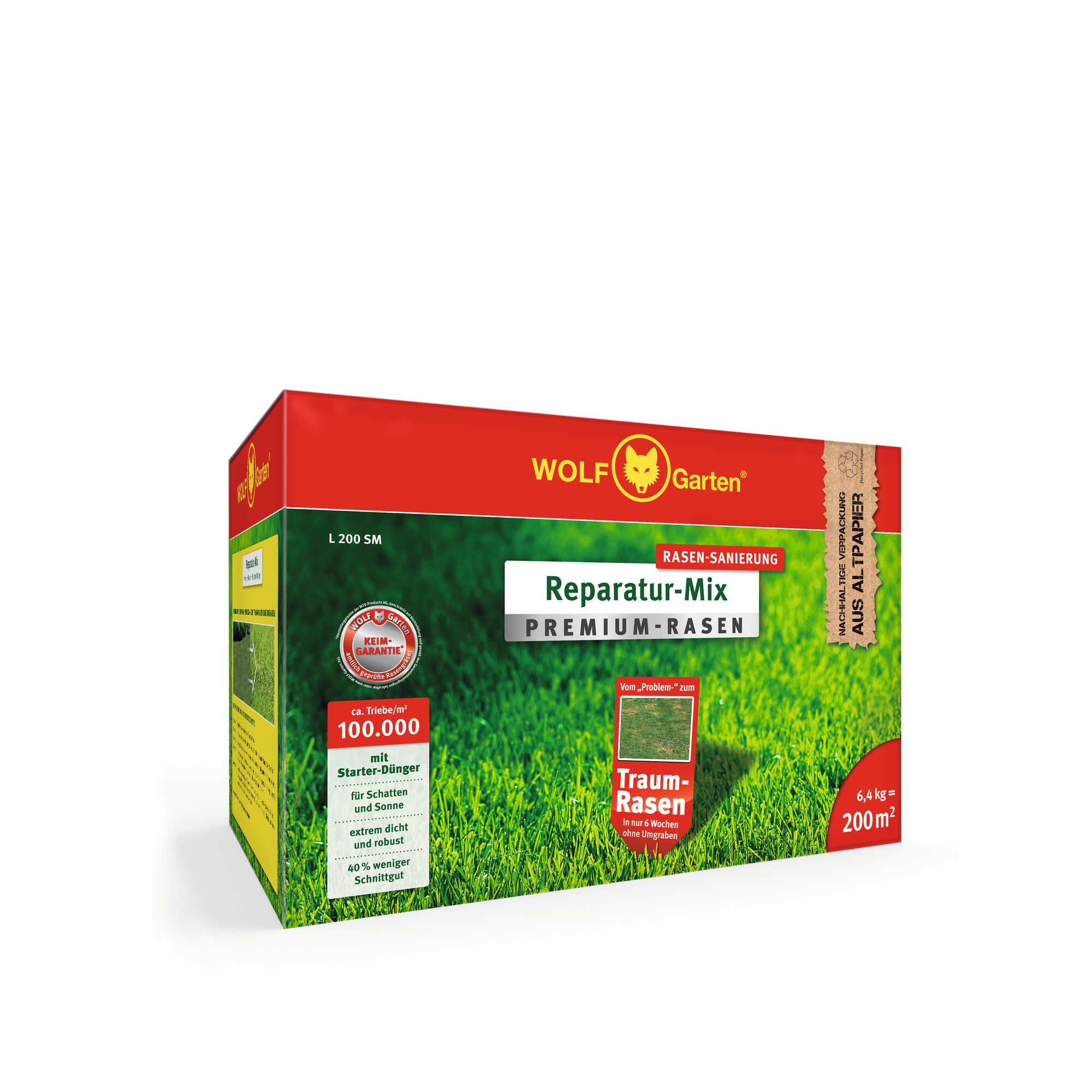 A box of WOLFGarten Reparatur-Mix Premium-Rasen lawn repair mix. The packaging is predominantly red and green, with text highlighting features such as starter fertilizer, suitability for shade and sun, dense and lush lawn, and coverage for 200 square meters.