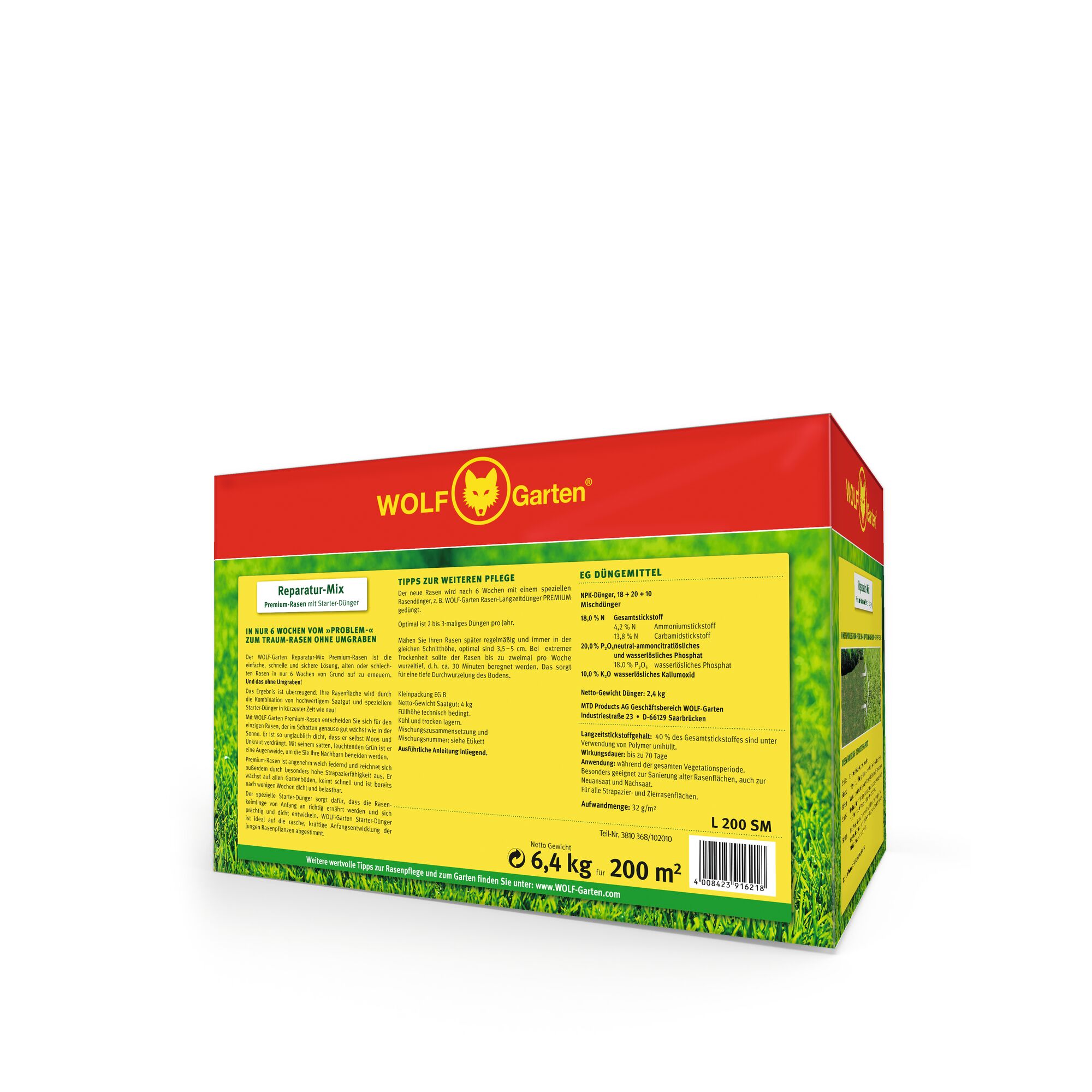 A box of WOLF Garten lawn repair mix, labeled 'Reparatur-Mix', for repairing patches in lawns. The packaging is primarily red and yellow with green grass imagery, and contains detailed instructions and information on the sides. The box weighs 6.4 kg and covers 200 m².