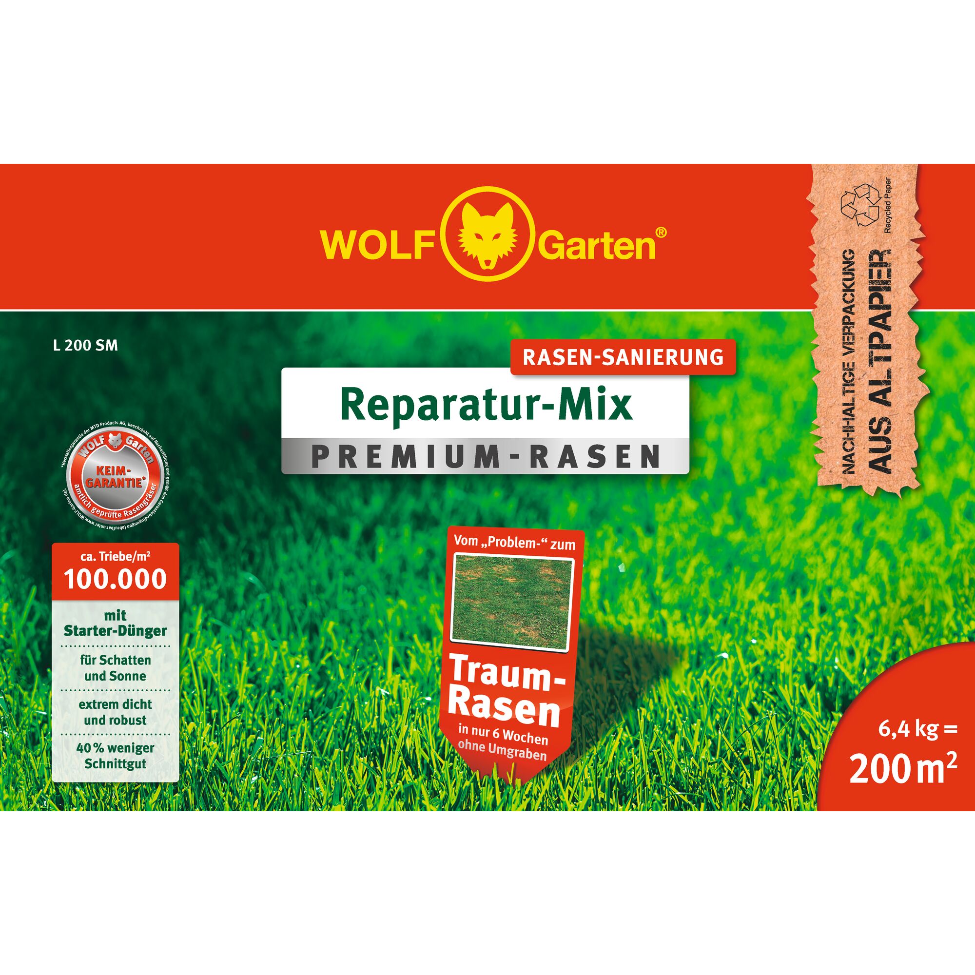 Front packaging of WOLF-Garten Premium Lawn Repair Mix. The design shows lush green grass with information about the product, such as coverage of 200 m², 6.4 kg weight, and the promise of rapid lawn restoration. Other details include seed germination guarantee and suitability for sun and shade. The box features red and green colors with the WOLF-Garten logo prominently displayed.