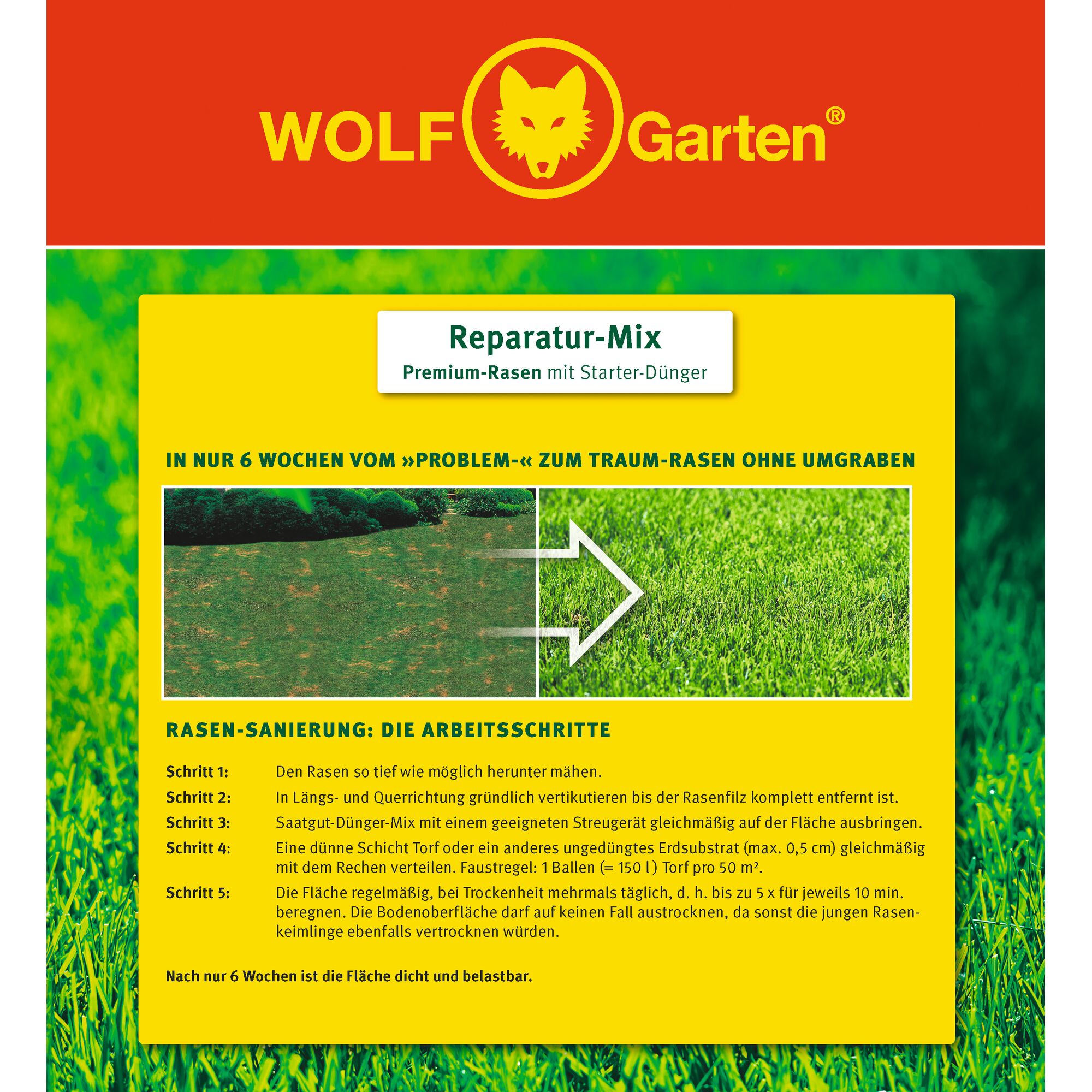 Packaging of WOLFGarten Reparatur-Mix, a premium lawn repair mix with starter fertilizer. The front displays a transformation from damaged lawn to healthy green grass in six weeks, along with step-by-step instructions for lawn renovation in German.