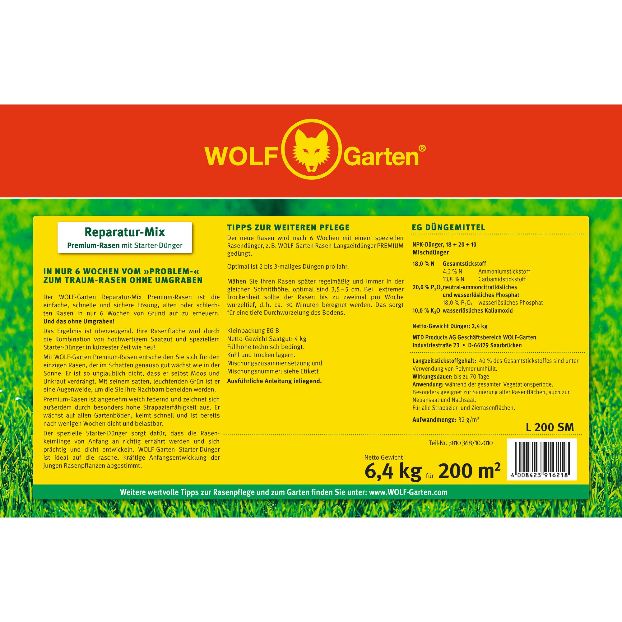 Product label for WOLF-Garten Reparatur-Mix Premium-Lawn with starter fertilizer. The packaging highlights premium grass seed and fertilizer for renewing lawns in 6 weeks without having to reseed. Detailed instructions, ingredients, care tips, and product weight (6.4 kg for 200 m²) are shown. Dominant colors are yellow and green, with the red WOLF-Garten logo at the top center.