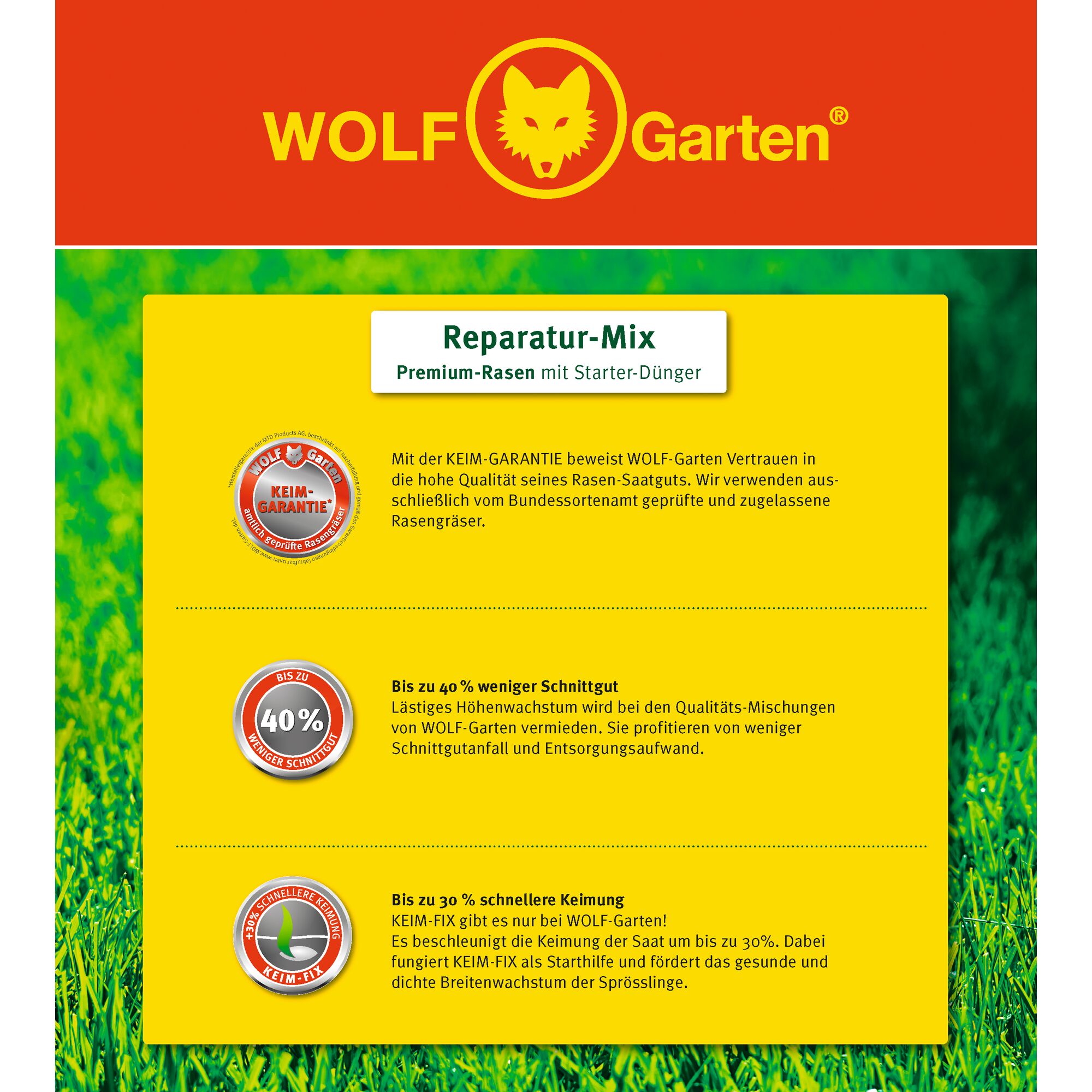 Product information sheet for WOLF-Garten Reparatur-Mix Premium Lawn with Starter Fertilizer. The sheet includes three features: KEIM-GARANTIE for quality assurance, up to 40% less clippings, and up to 30% faster germination with KEIM-FIX. The sheet is yellow with logos and product highlights, and is set on a background of green grass.