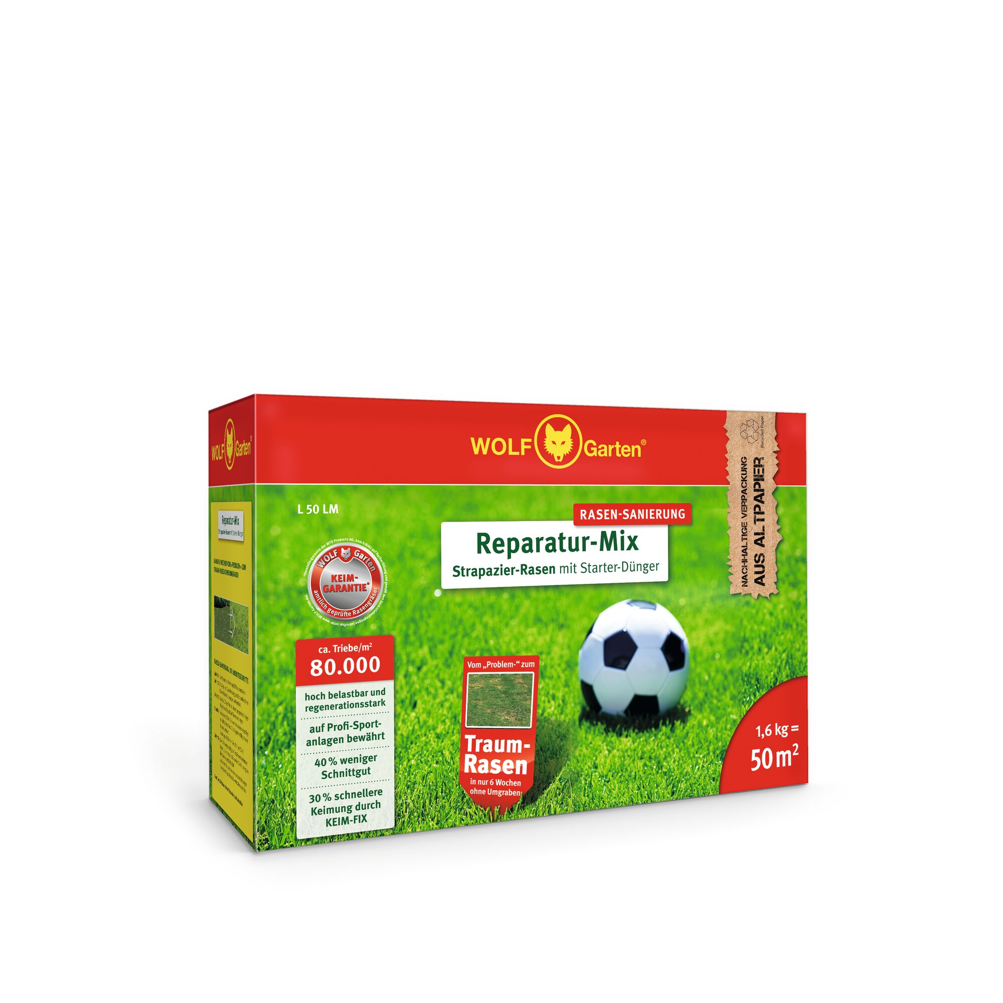 A box of WOLF Garten lawn repair mix for stressed grass areas with starter fertilizer. The packaging is mostly red and green, with a soccer ball pictured on grass. The box indicates coverage for 50 square meters and contains 1.6 kg of product.
