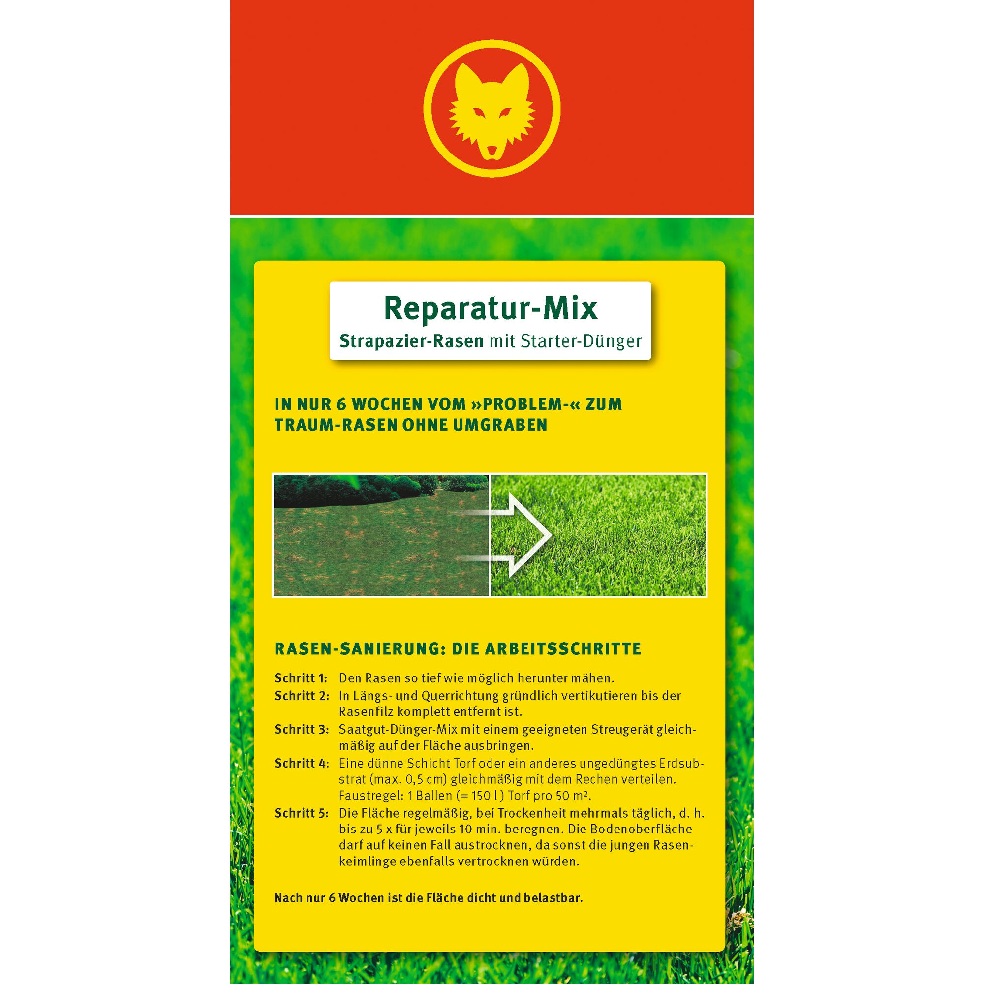 Front packaging of WOLFGarten Reparatur-Mix, a lawn repair mix with starter fertilizer. The design features the brand's wolf logo at the top, bold yellow and green colors, and instructions for repairing lawn in six weeks. A before-and-after image demonstrates the lawn improvement process. Steps for lawn renewal and care are listed in German.