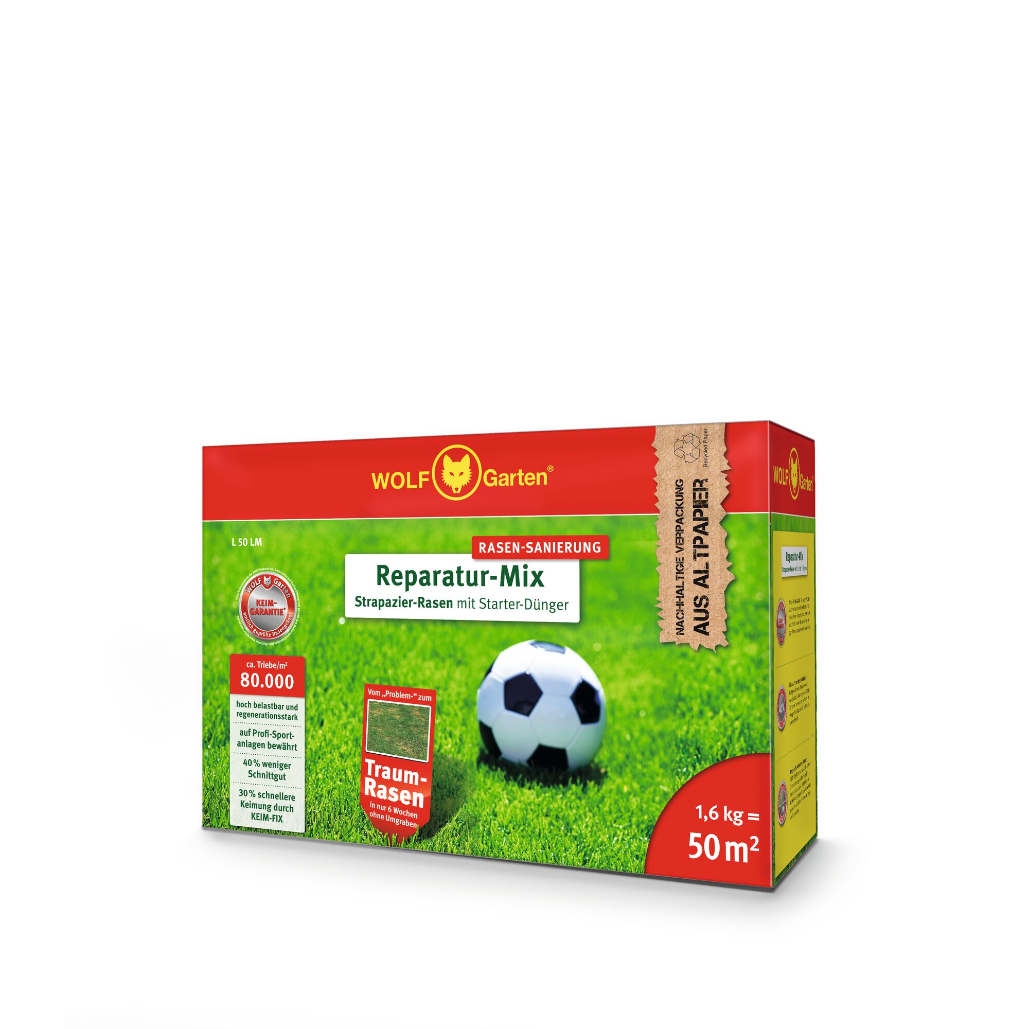 Box of WOLF Garten Reparatur-Mix lawn repair mixture for durable lawns, starter fertilizer included. The packaging is mostly red and green, features a soccer ball on grass, and mentions coverage of 50 square meters and a weight of 1.6 kg.