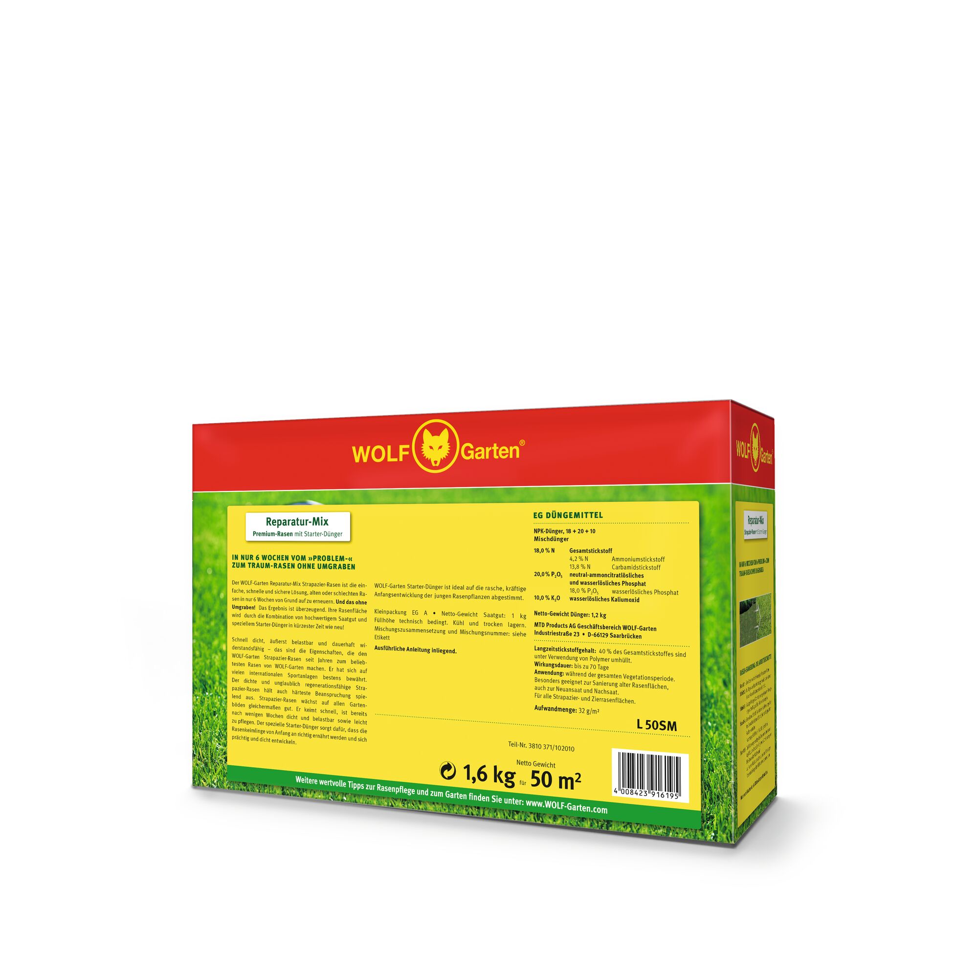 A box of WOLFGarten Repair Mix lawn seed and fertilizer for patching damaged areas of grass, with yellow and red packaging showing product information and coverage for up to 50 square meters.