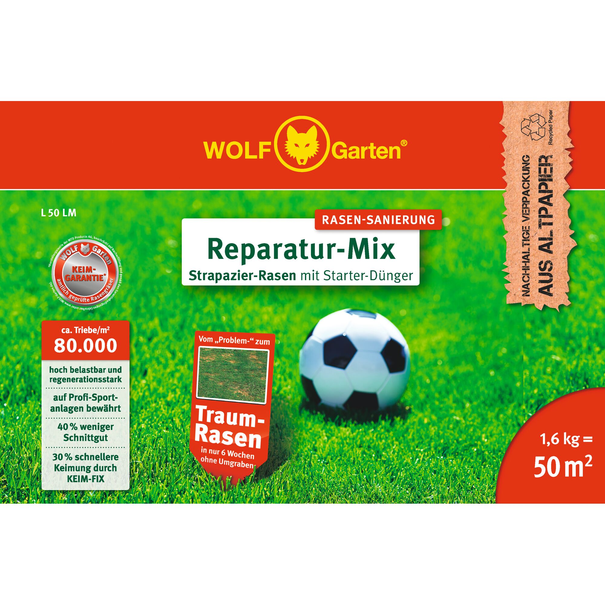 Packaging of WOLF Garten Reparatur-Mix for lawn renovation, featuring a soccer ball on green grass. The label highlights key features: robust and high regeneration turf, suitable for sports fields, fast germination, eco-friendly recycled paper packaging. The product covers 50 square meters with 1.6 kg.