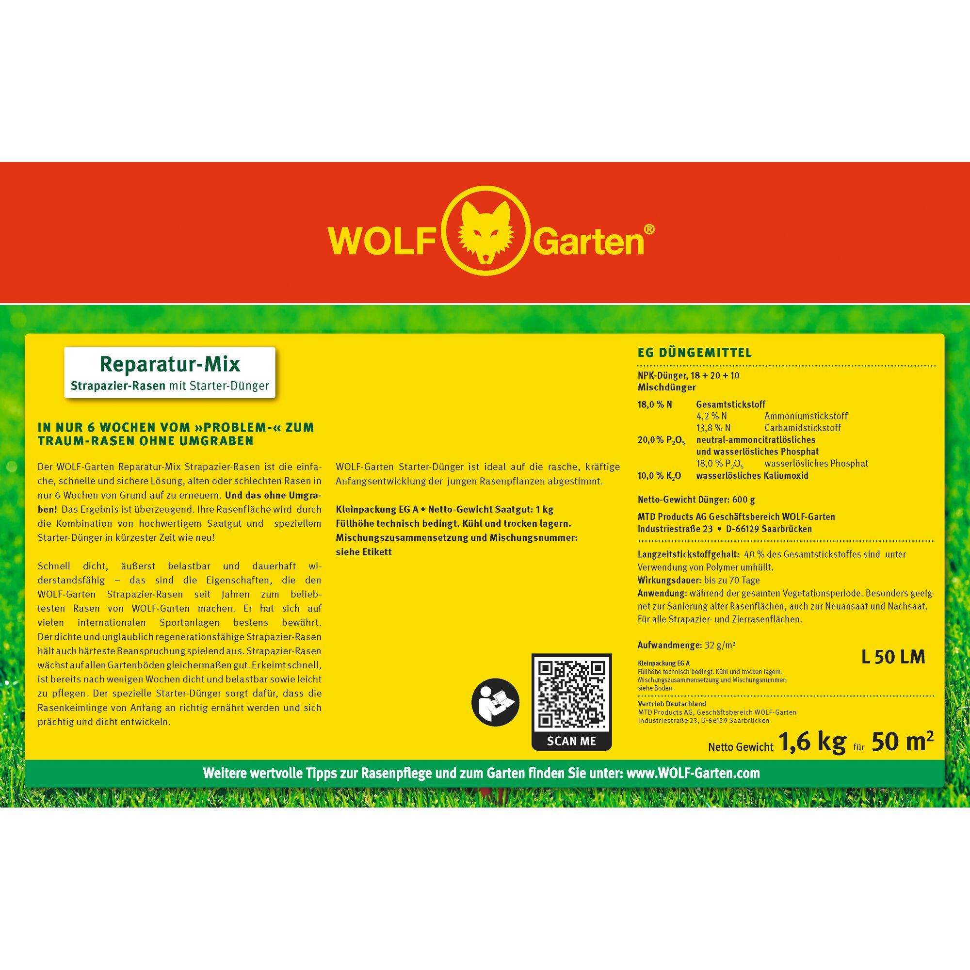 WolfGarten Reparatur-Mix package for resilient lawns with starter fertilizer. The packaging is mostly yellow with a red top and features detailed instructions, product information, and composition. Suitable for repair and improvement of damaged lawns, covering up to 50 square meters. Includes a QR code for more information.
