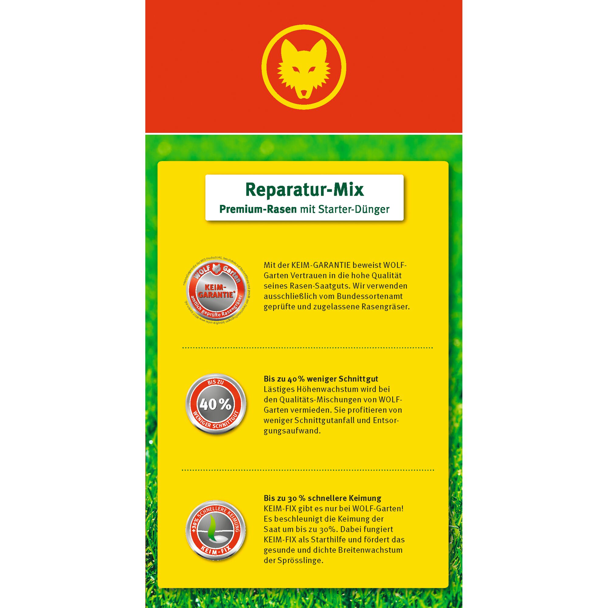 Front label of a WOLFGarten Reparatur-Mix product for premium lawn repair with starter fertilizer. The label highlights features such as germination guarantee, up to 40% less clippings, and up to 30% faster germination, with corresponding badges and a yellow background showing grass at the bottom.