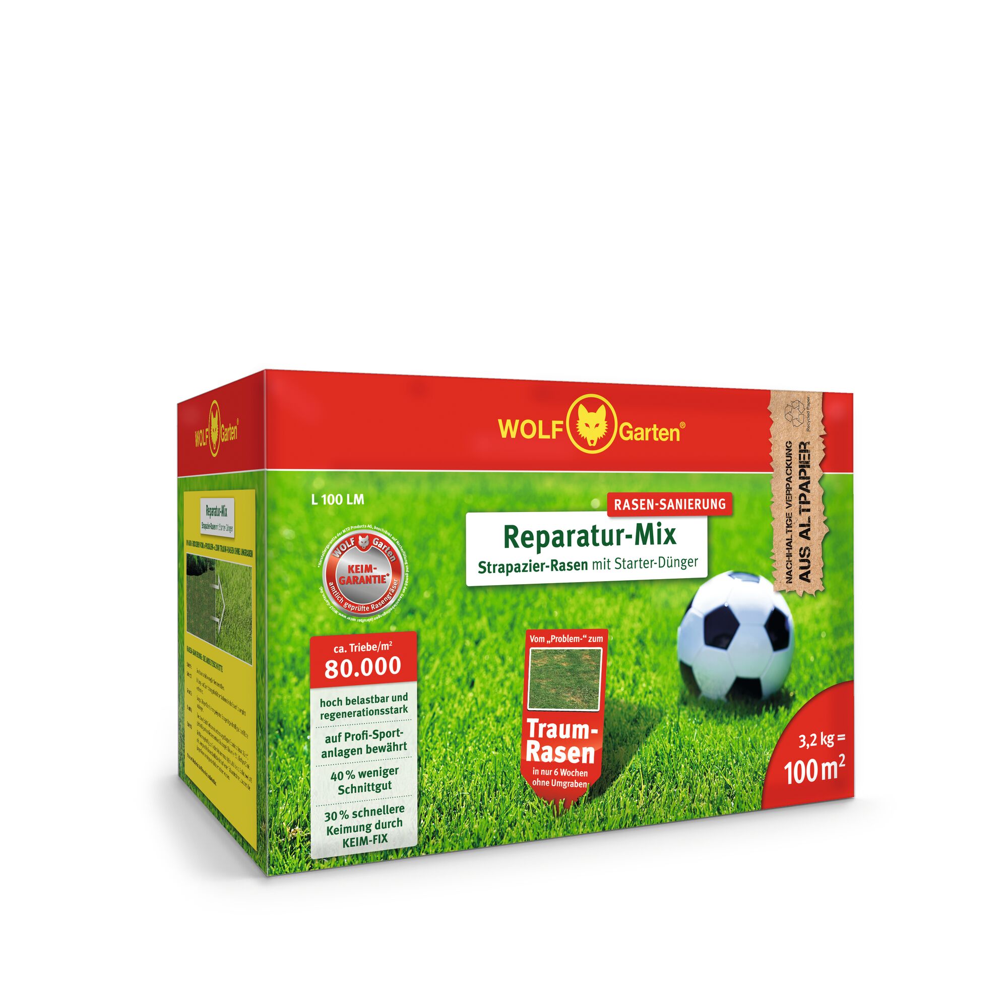 A box of WOLFGarten 'Reparatur-Mix', a lawn repair mix with starter fertilizer, featuring a red top, green grass background, and a soccer ball image. The packaging indicates coverage for 100 square meters and includes details such as germination guarantee and suitability for hard-wearing and regenerating lawns.