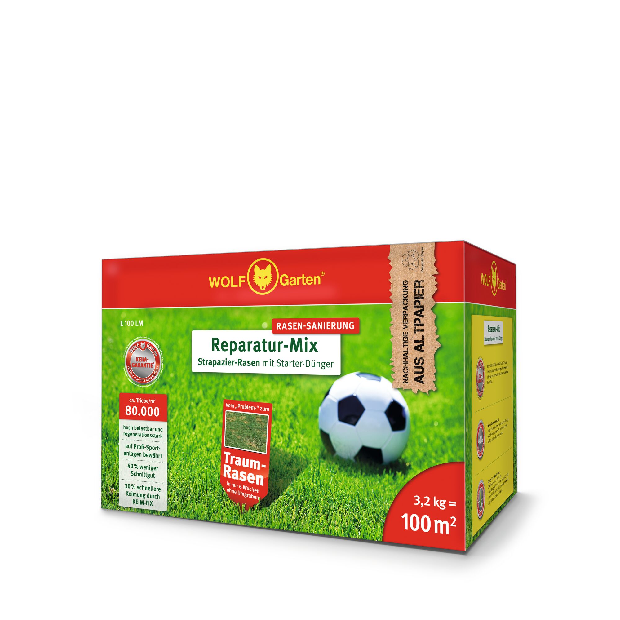 A box of WOLF-Garten lawn repair mix for sports and tough lawns, featuring starter fertilizer. The packaging is red and green, shows a soccer ball on grass, and includes details such as coverage for 100 square meters and a weight of 3.2 kg.