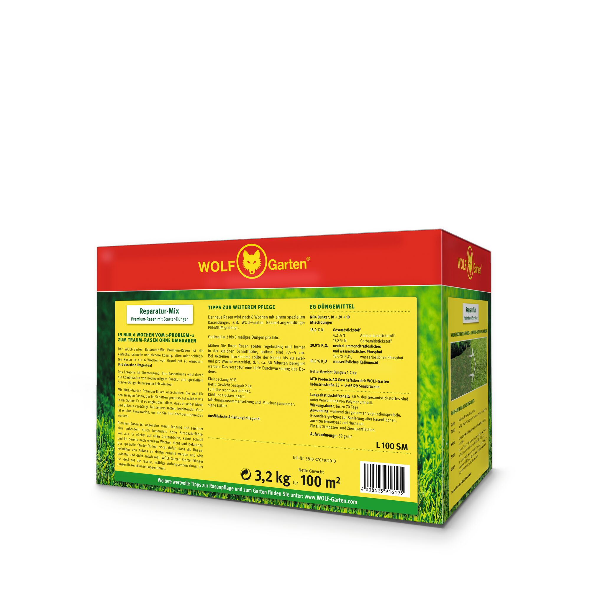 A box of WOLF Garten lawn repair mix. The packaging is predominantly red and yellow with a green grass design at the bottom. It contains detailed instructions and information about the product. The box is labeled with a weight of 3.2 kg and coverage for 100 m².