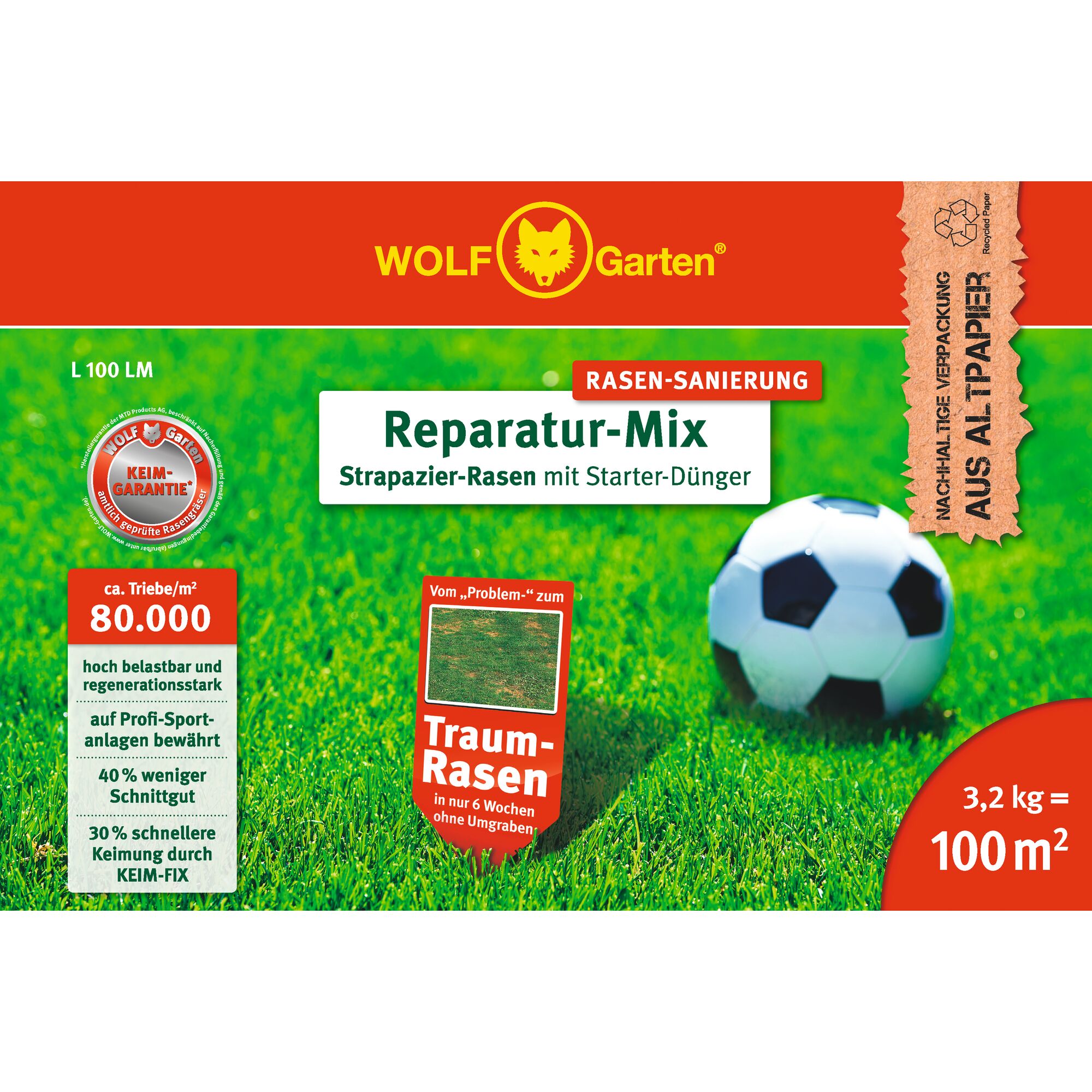 WOLF-Garten Reparatur-Mix lawn repair product packaging featuring a green grass field with a black and white soccer ball. The package highlights attributes such as high durability, fast germination, professional sports use, reduced clippings, and sustainability. Covers 100 m², weighs 3.2 kg.