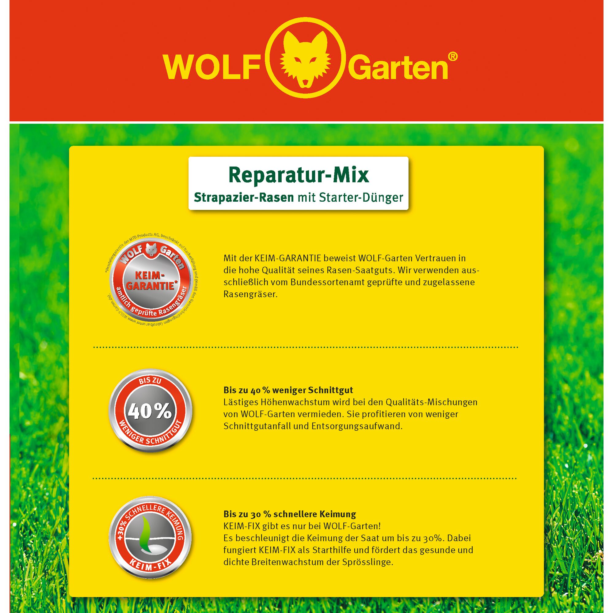The image shows the packaging of a WOLF-Garten lawn seed product called 'Reparatur-Mix'. The box is yellow with red and green accents. It highlights key features such as a germination guarantee, up to 40% less clippings, and up to 30% faster germination due to KEIM-FIX. The text is mainly in German and includes the WOLF-Garten logo at the top with a stylized wolf head.