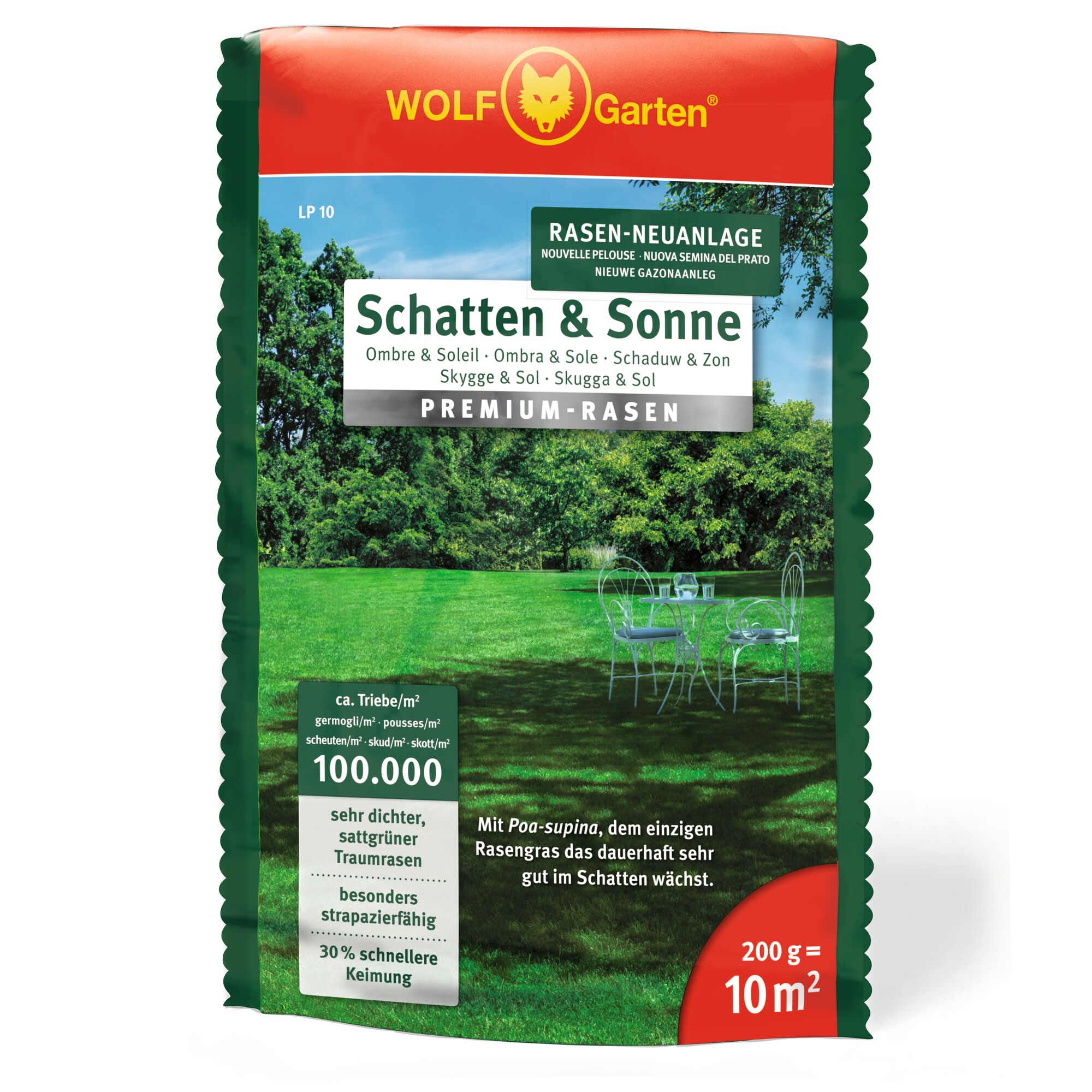 Package of WOLF-Garten premium lawn seed for shade and sun, suitable for new lawn installations. The packaging features a garden scene with grass, trees, and outdoor furniture. The product is for 10 square meters and contains 200 grams of seed.