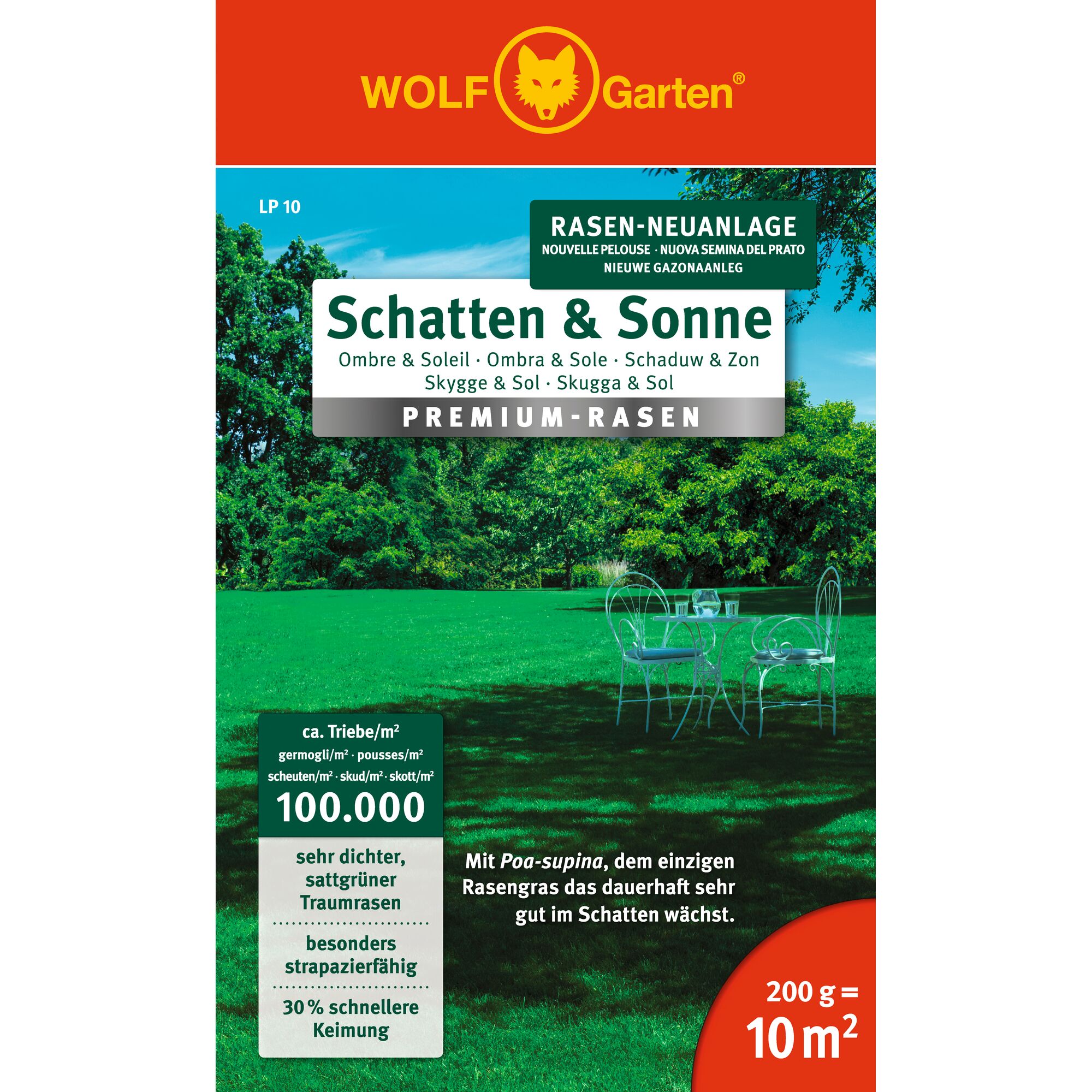 Packaging for WOLF Garten Schatten & Sonne Premium Lawn Grass Seed (for shade and sun), showing a lush green lawn with garden furniture, details about product features such as dense growth, durability, and fast germination, suitable for 10 square meters (200g).