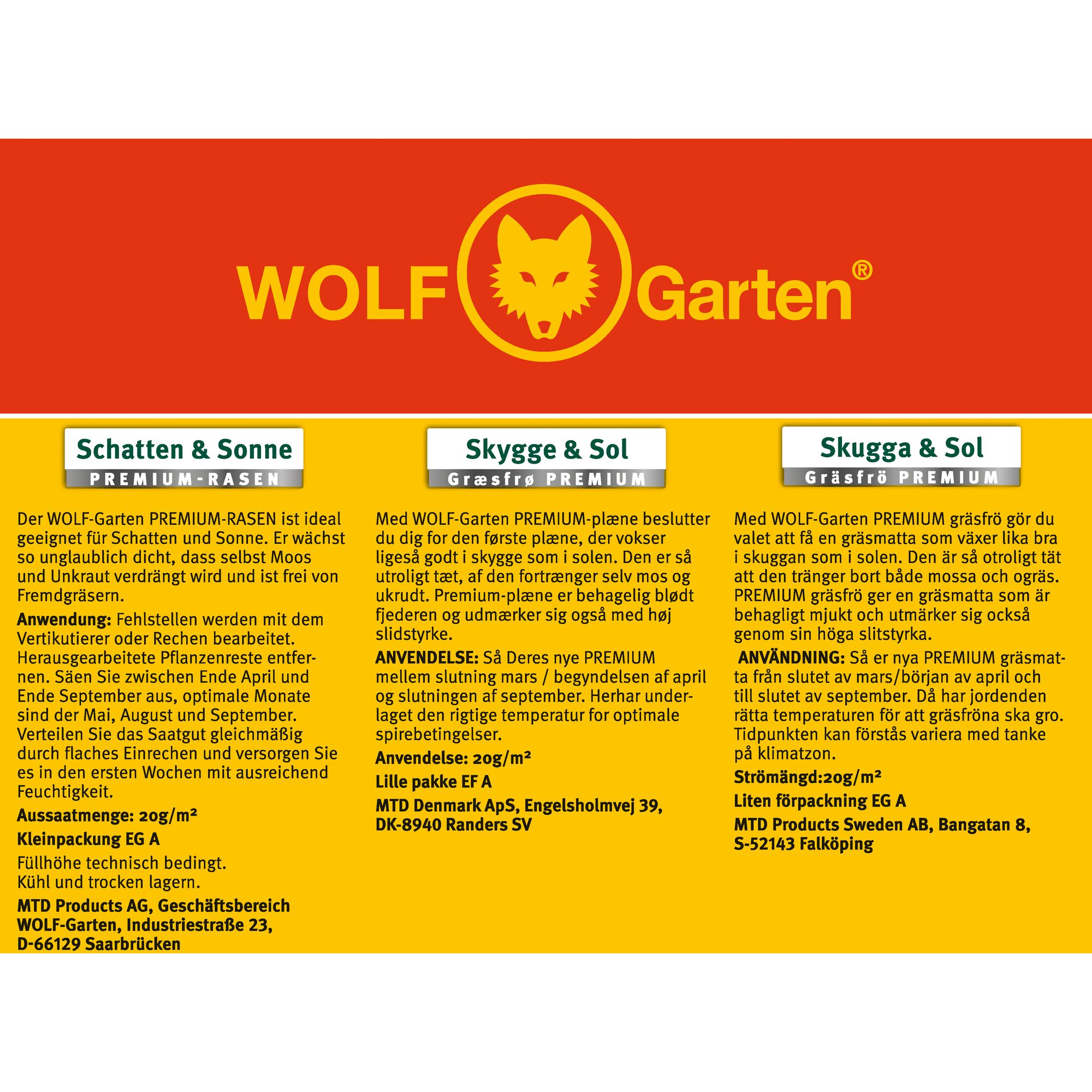 Product packaging for WOLF-Garten PREMIUM lawn seed. The design features a red and yellow color scheme with the WOLF-Garten logo (a wolf’s head) prominently at the top. The packaging provides information in German, Danish, and Swedish about the PREMIUM lawn seed variety for both sun and shade conditions, listing usage instructions, recommended sowing times, and the company addresses.