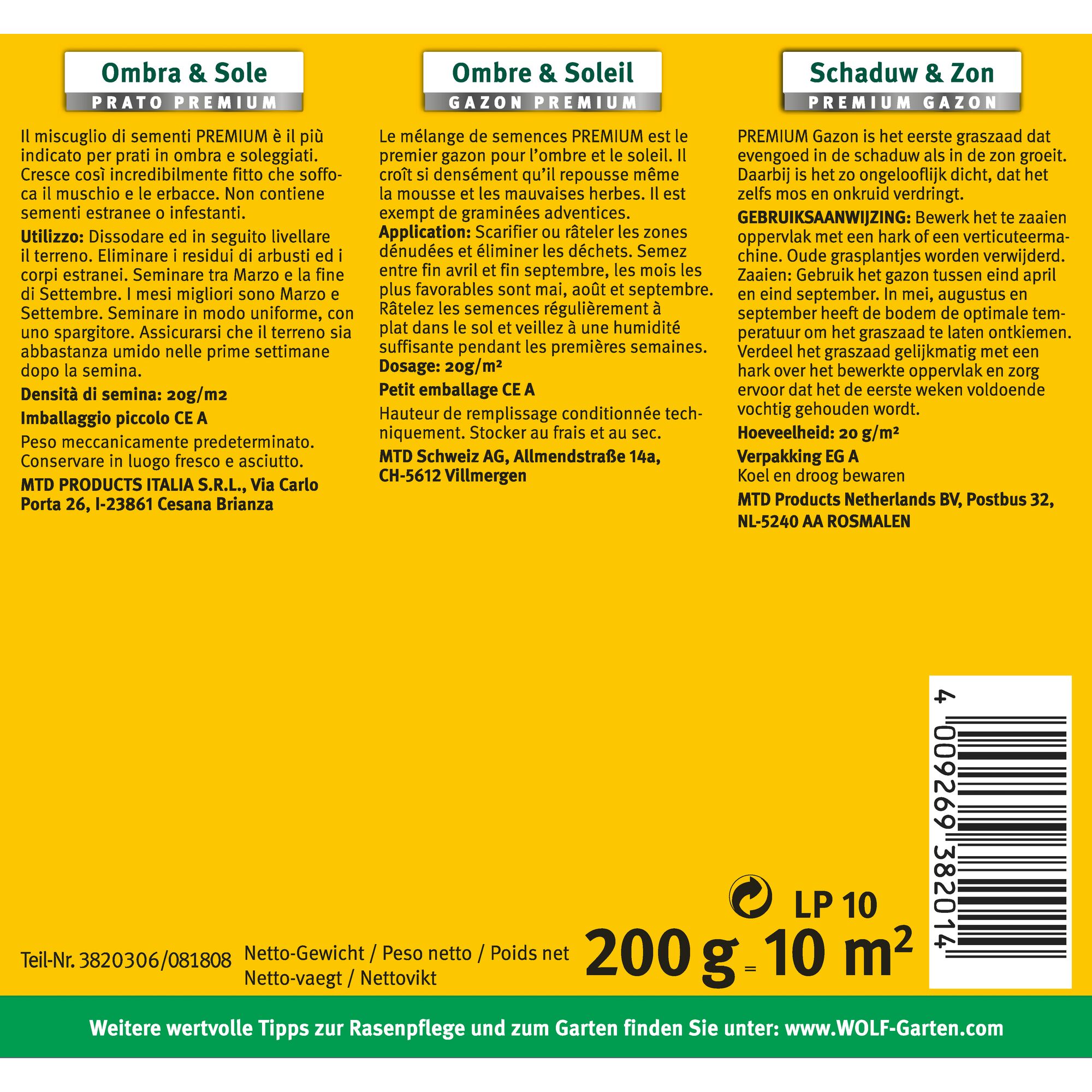 Product packaging for WOLF-Garten premium grass seed suitable for shaded and sunny areas. Text is provided in Italian, French, and Dutch, describing application instructions, dosage, packaging, storage information, company addresses, product weight (200g for 10m²), and barcode.