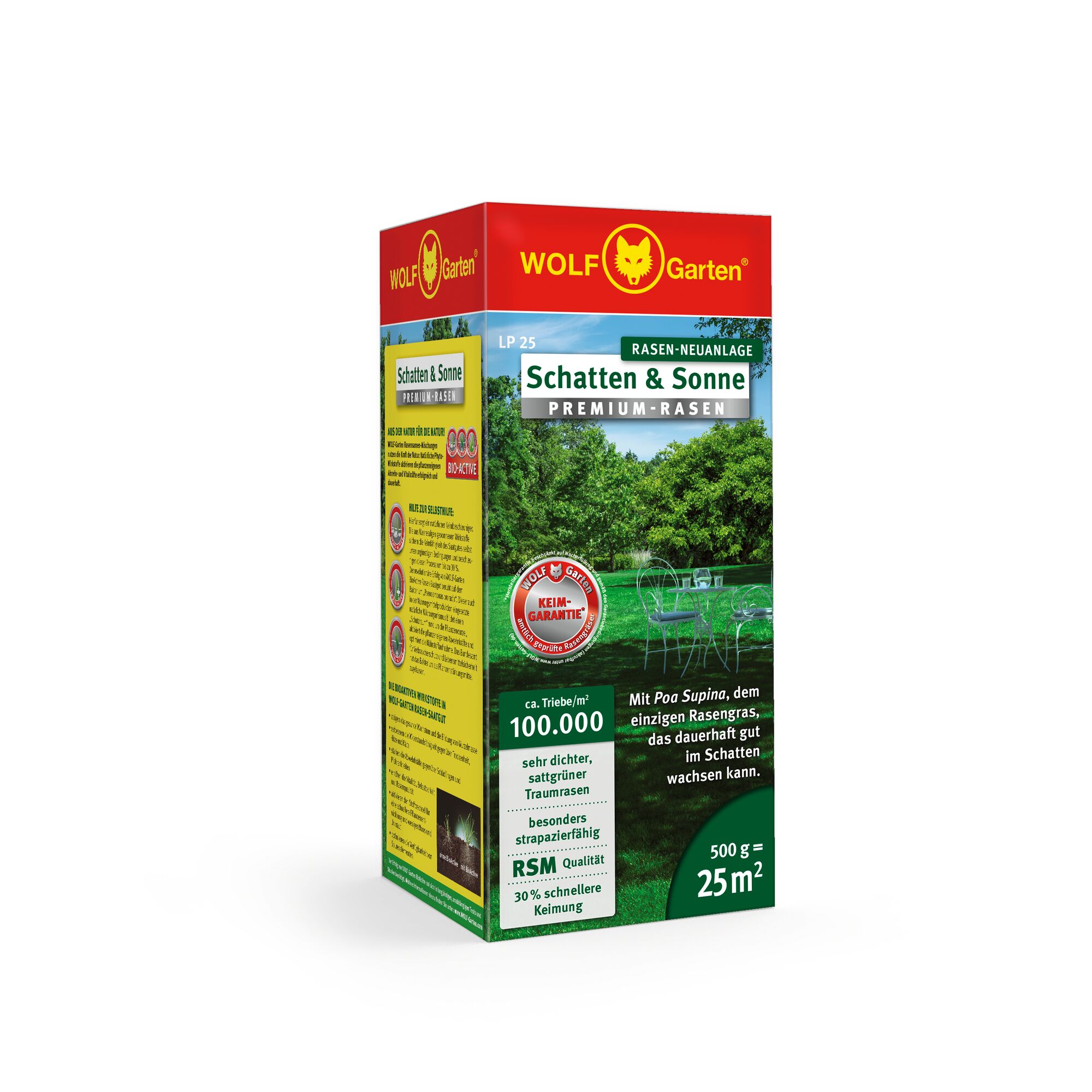 A box of WOLF Garten Schatten & Sonne Premium lawn seed for lawn creation. The packaging shows details such as coverage for 25 square meters, 500 grams weight, and features for dense, resilient, and green grass suitable for both sun and shade. The box is mostly red, green, and yellow with images of a garden and product information in German.