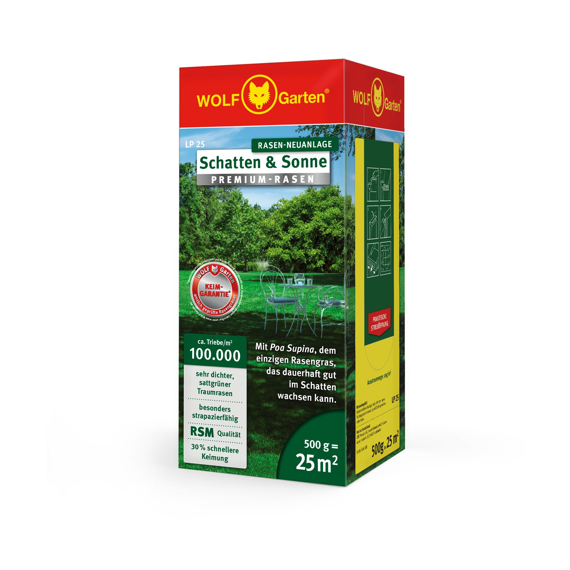 A box of WOLF Garten LP 25 Premium Lawn Grass Seed for shade and sun, covering 25 square meters. The packaging is red and green and features product information in German, an outdoor garden scene, and the brand logo.