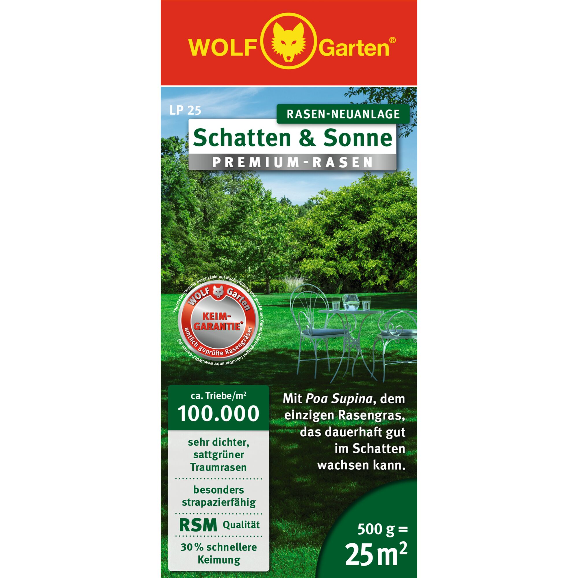 Packaging of WOLF Garten shade and sun premium lawn seed, LP 25. The box features a garden scene with green grass and trees, a metal garden table and chairs. Key features include fast germination, very dense deep green lawn, high durability, and coverage for 25 square meters with 500 grams.