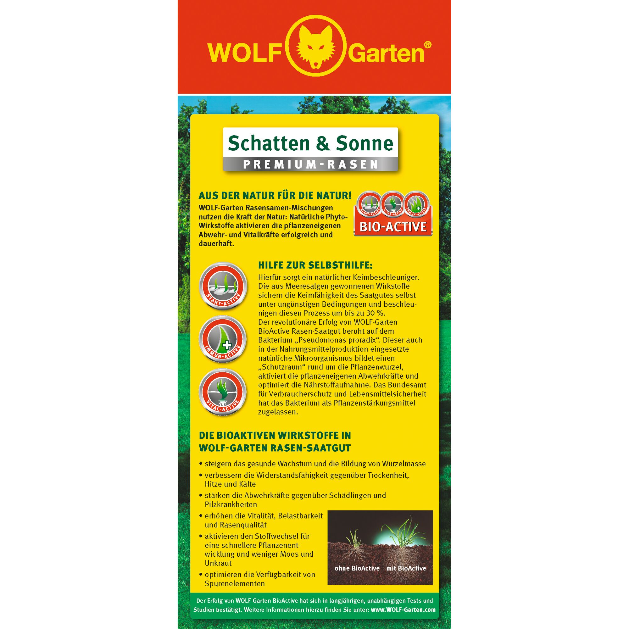 Front packaging of WOLF Garten Schatten & Sonne Premium-Rasen (Shadow & Sun Premium Lawn) grass seed showing detailed information in German. Features include BioActive, natural plant defense, self-help for germination, and bioactive substances that promote healthy lawn growth, resilience, vitality, and faster plant development. The package has yellow and red branding, graphics depicting lawn results with and without BioActive, and the WOLF Garten logo.