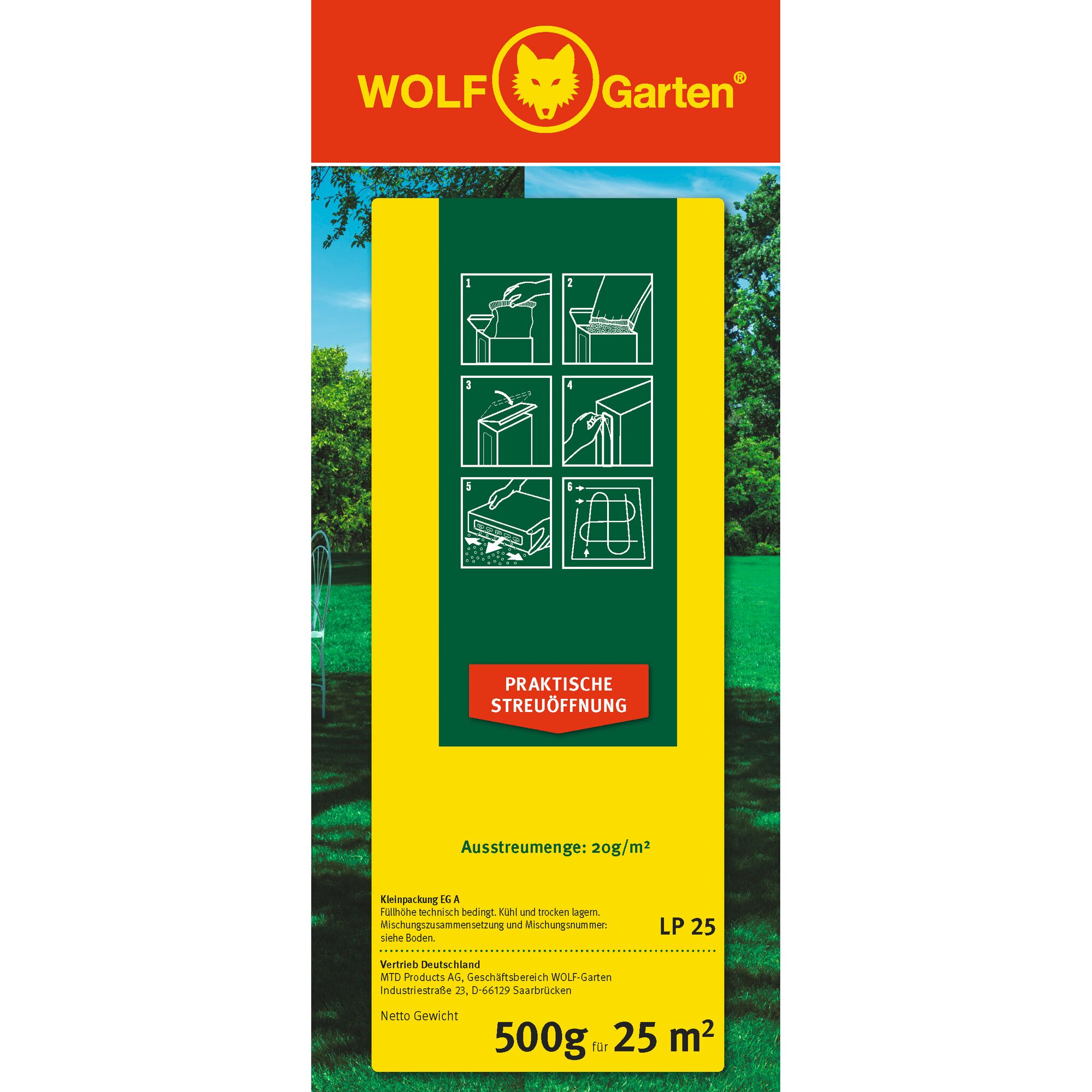 Front packaging of WOLF Garten LP 25 lawn product, with instructions for use shown in six illustrated steps and a red label stating 'Praktische Streuöffnung'. Text at the bottom indicates 500 grams for 25 square meters.