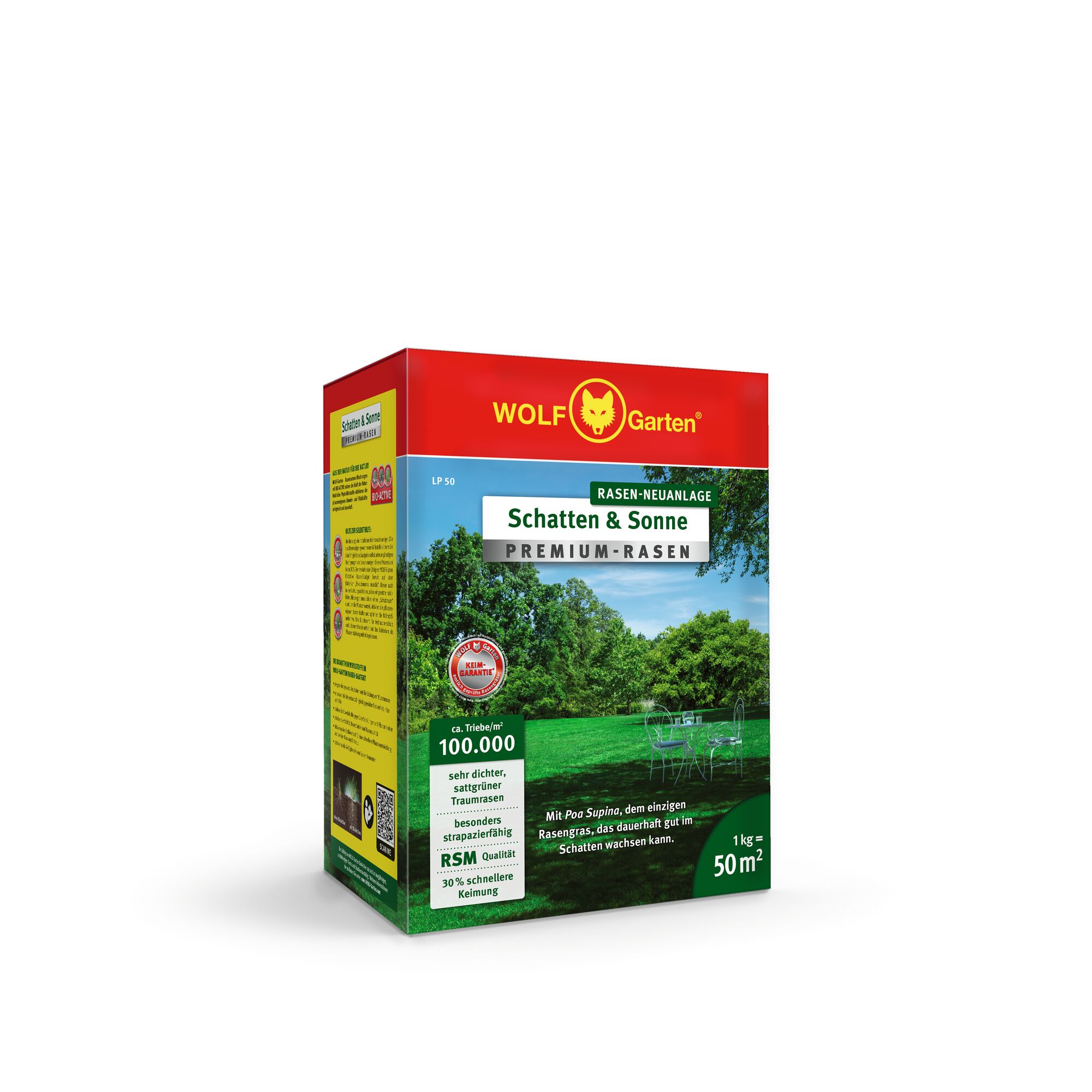 A box of WOLFGarten Schatten & Sonne Premium-Rasen lawn seed, designed for new lawns in sun and shade areas. The packaging is red, green, and yellow, and features information about quality, coverage (1 kg for 50 m²), and a lush green lawn image.