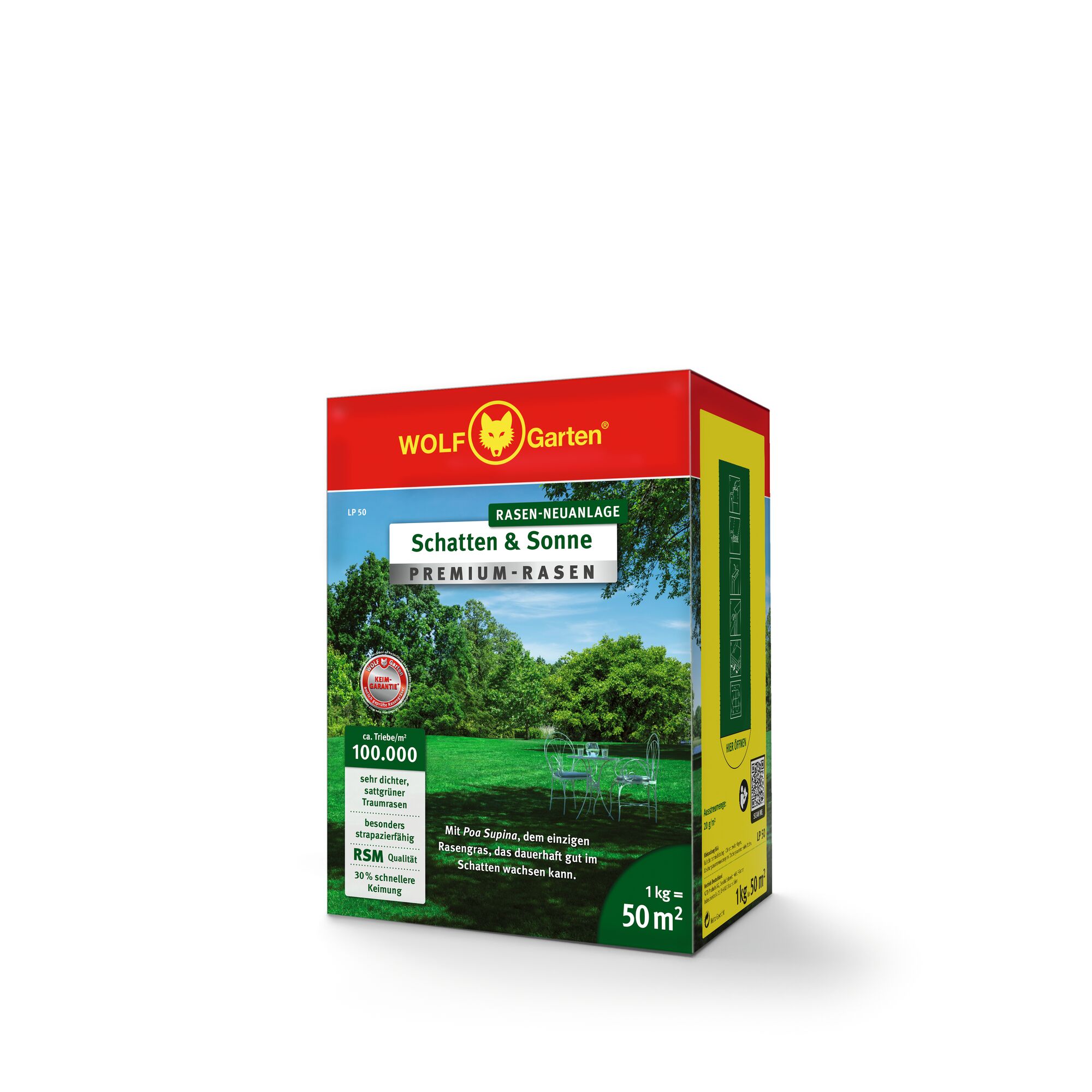 A box of WOLFGarten Schatten & Sonne Premium-Rasen lawn seed. The packaging is red, blue, green, and yellow, and features an outdoor scene with trees, grass, and garden furniture. It indicates the product covers 50 square meters and weighs 1 kg.