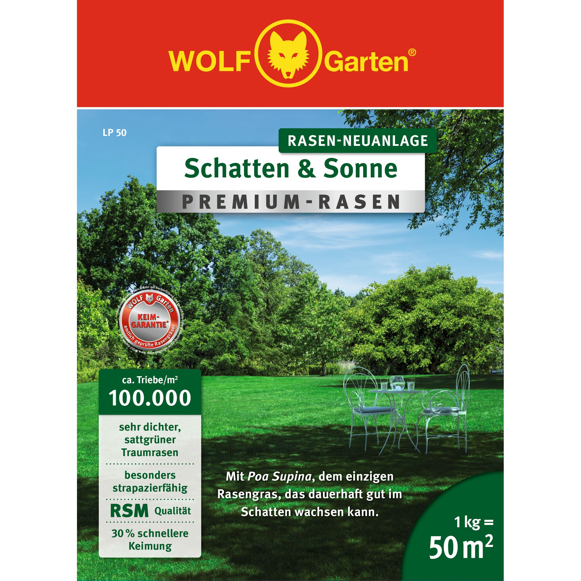 Packaging for WOLF Garten LP 50 Schatten & Sonne Premium Lawn grass seed. The design features a red header with the WOLF Garten logo, a green lawn area with metal garden furniture, and information about the grass seed's density, durability, and coverage. The product is designed for both sun and shade, covering 50 square meters per kilogram.
