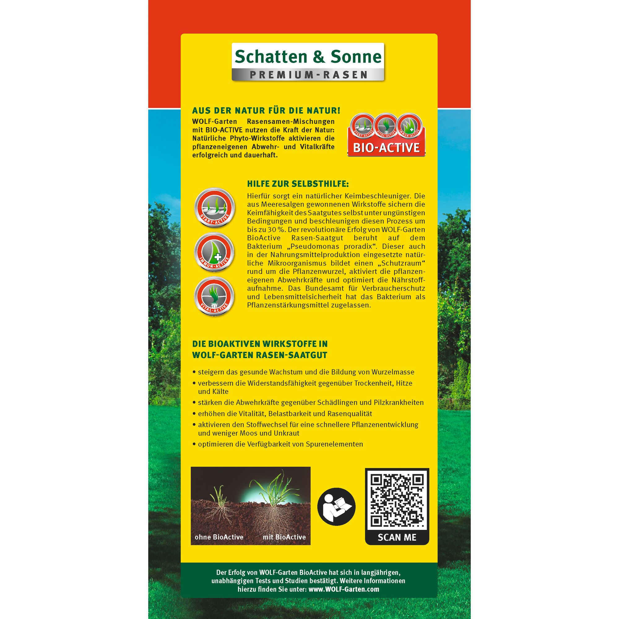 Back of a WOLF-Garten 'Schatten & Sonne Premium-Rasen' lawn seed packaging. The text highlights bio-active ingredients that improve plant health, vitality, resistance to stress, and root growth. It explains the benefits of marine-derived germination accelerators and the positive effect of the bacterium 'Pseudomonas protekt'. There are sections about natural plant strengthening, increased resistance to drought, heat and cold, and enhanced ability to absorb nutrients. Visuals include comparison images of grass with and without bio-active, the WOLF-Garten logo, QR code, and feature icons.