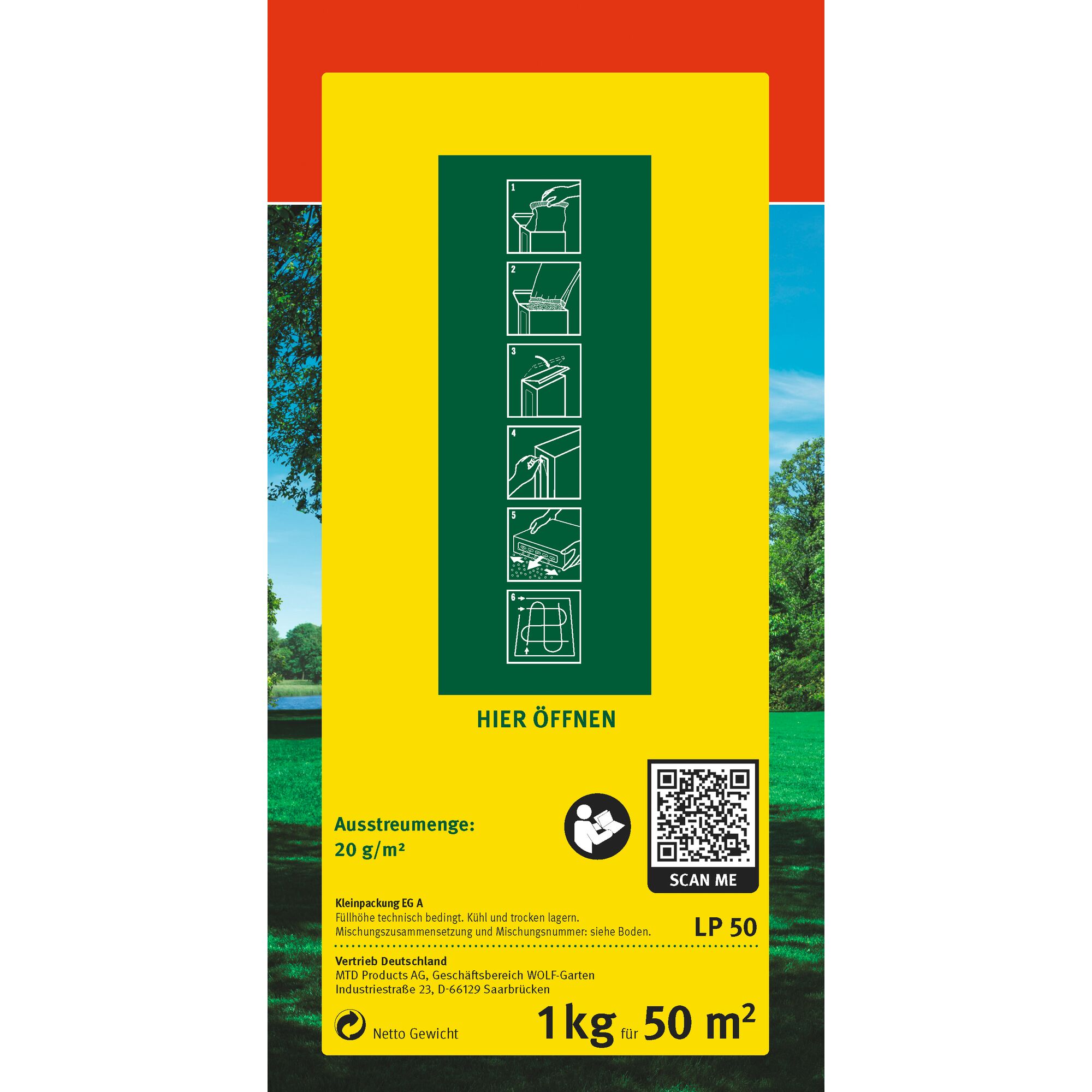 Product packaging for WOLF-Garten lawn seed, showing instructions with six simple step illustrations for opening and use, information text in German, a QR code labeled 'Scan Me,' and details indicating 1 kg covers 50 m², all set against a bright yellow and red background with a green outdoor scene at the bottom.