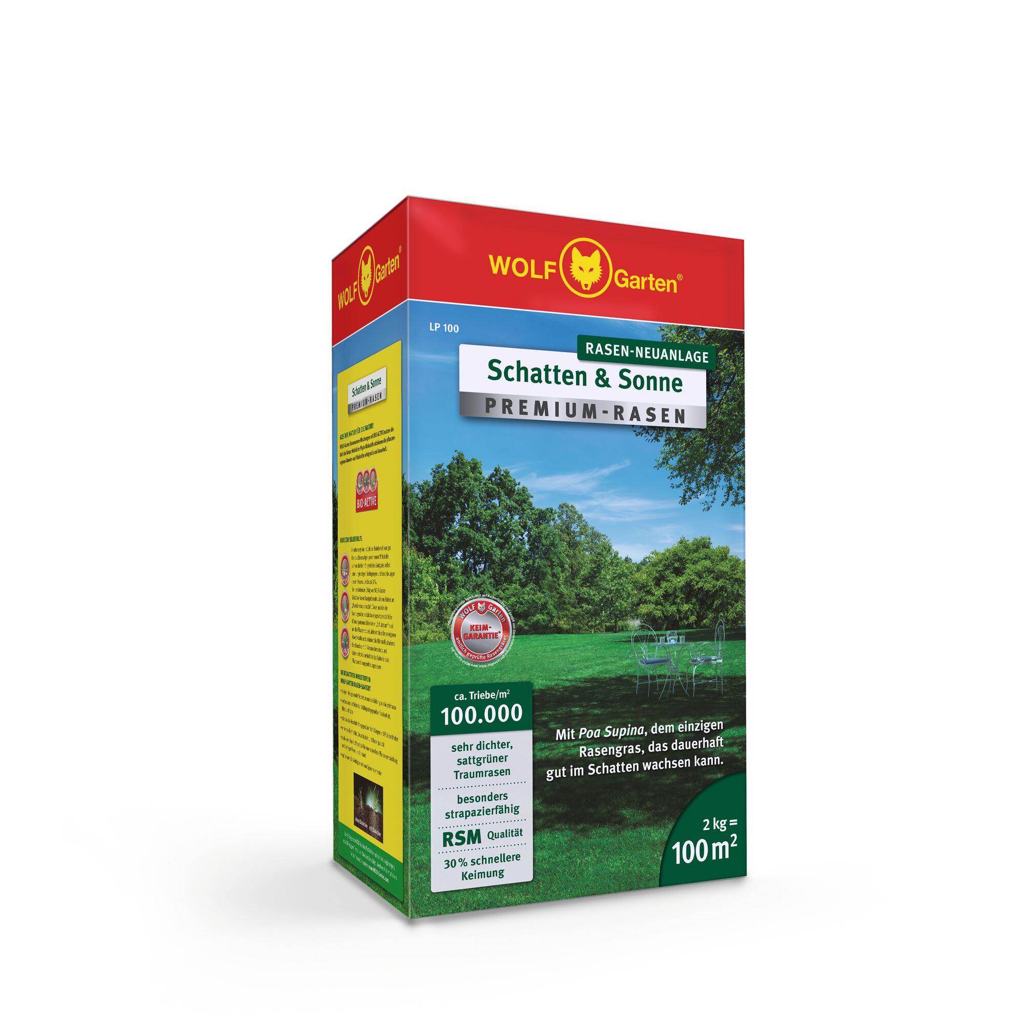Box of WOLFGarten Schatten & Sonne Premium Lawn Grass Seed, 2 kg for 100 m², designed for both sun and shade areas with high density and fast germination.