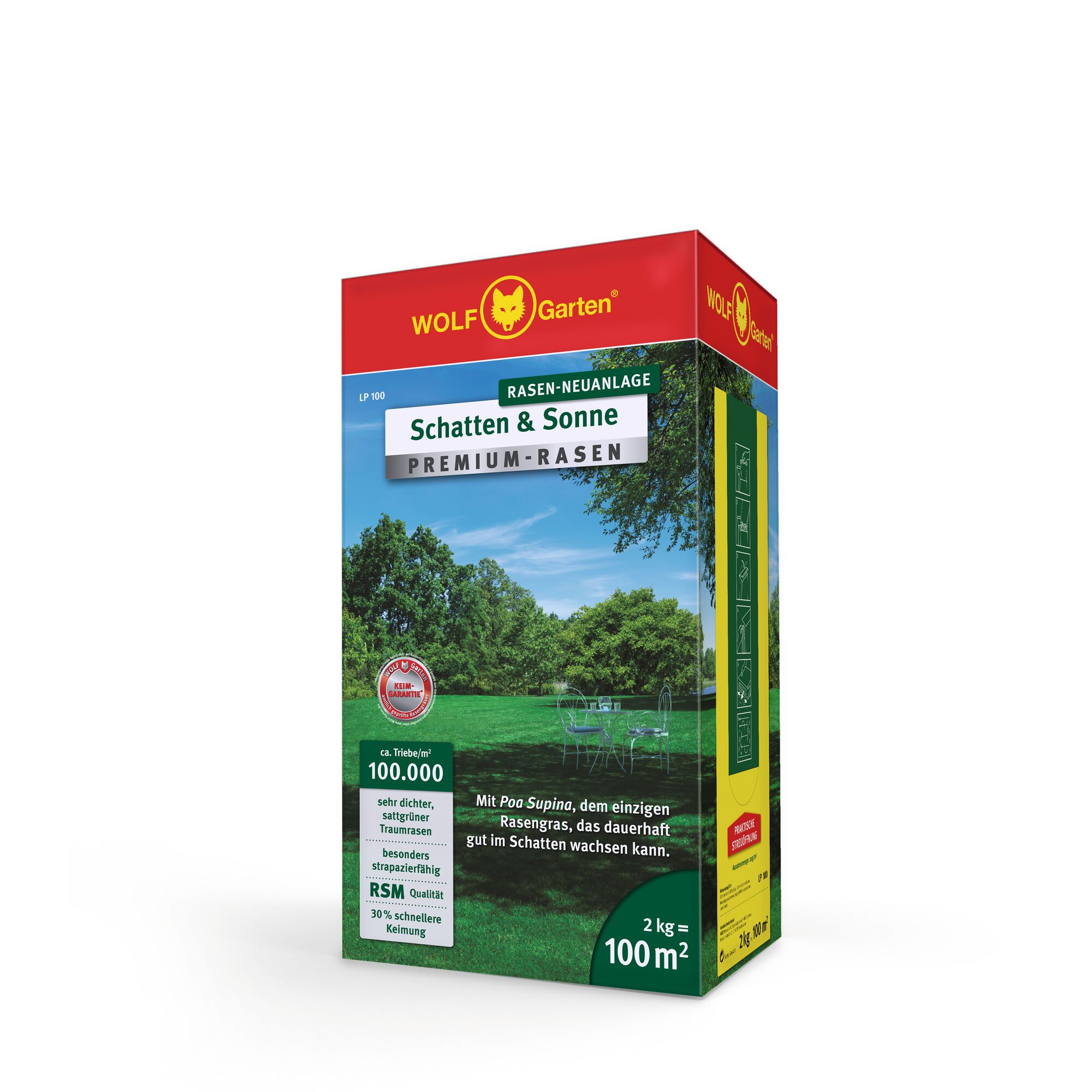 Box of WOLFGarten Premium Lawn seed for new lawns, suitable for both shade and sun. The packaging features green and yellow colors with images of a garden and key product attributes in German.