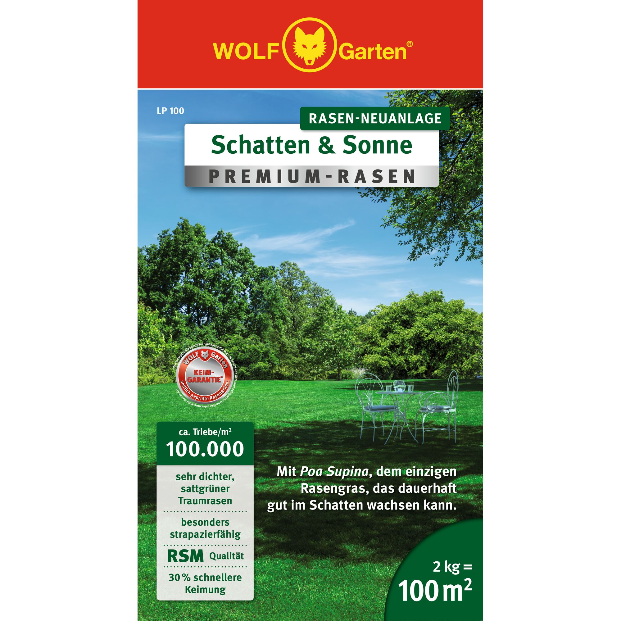 Product packaging for WOLFGarten premium lawn seed, suitable for new lawns in both shade and sun. The pack highlights features like dense, lush green grass, durability, faster germination, and coverage of 100 square meters with 2 kg of seed. The image shows a green lawn with trees and a garden table.