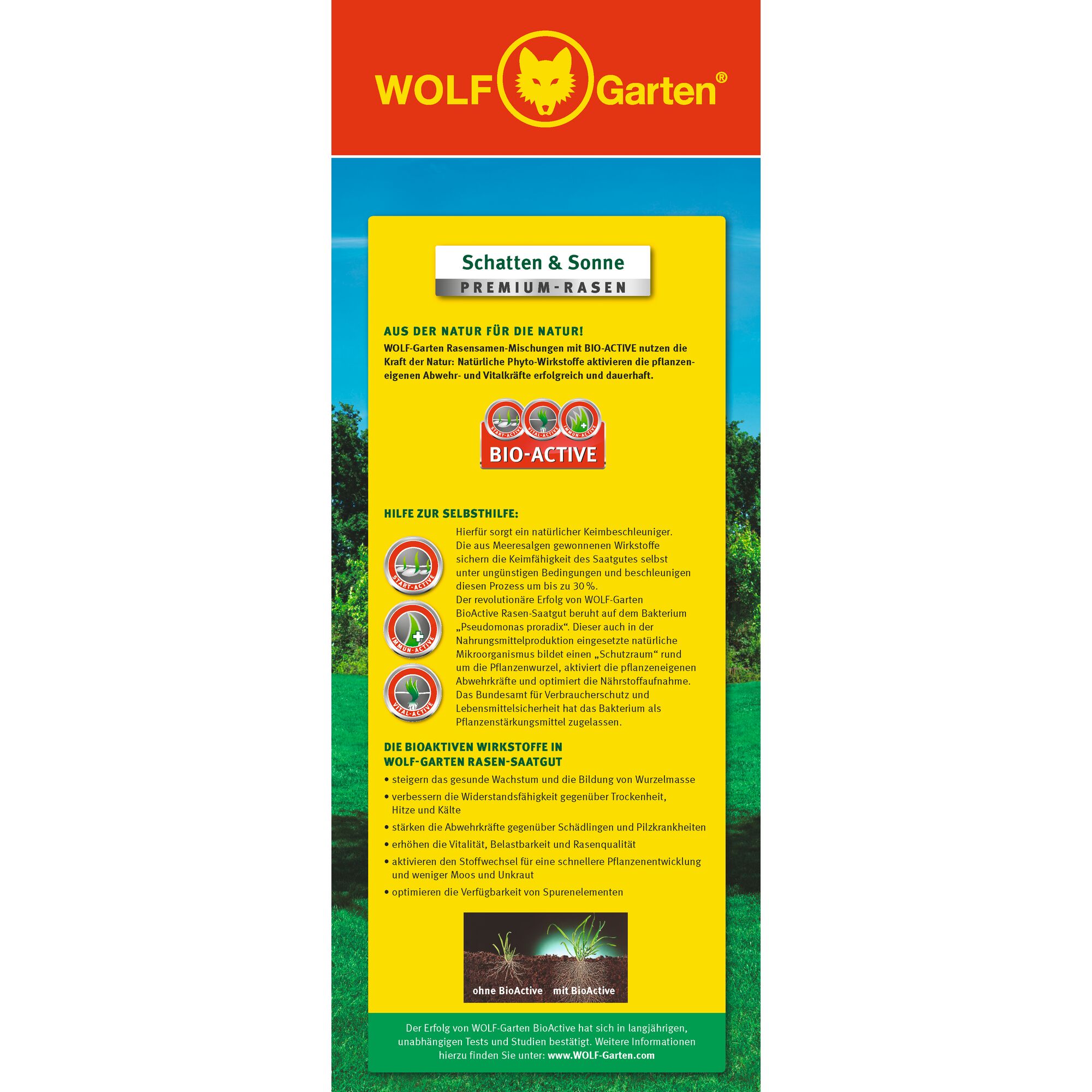 Product packaging for WOLF-Garten Premium Lawn Seed, 'Schatten & Sonne', featuring BIO-ACTIVE formula. The packaging has a red and yellow design with the WOLF-Garten logo at the top, explanations of the product's natural components, benefits of bio-active seeds, and icons highlighting self-healing properties, root formation, disease resistance, and improved lawn growth. There is a comparison of lawn with and without BioActive at the bottom.