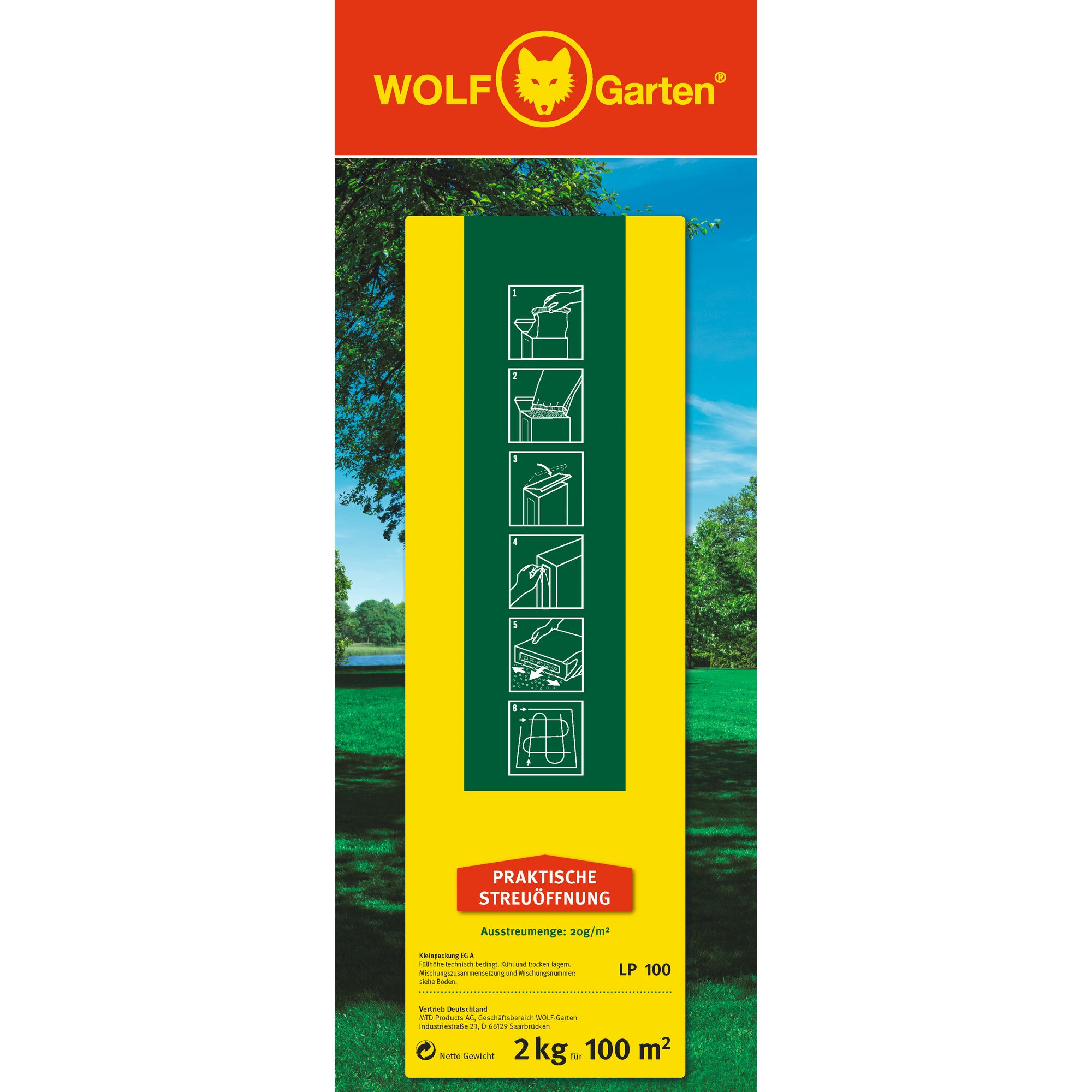 Front packaging of WOLF-Garten LP 100 garden product, showing practical spread opening instructions. The package features a red and yellow top with the WOLF-Garten logo, step-by-step usage diagrams, and information about coverage (2 kg for 100 m²). Displayed against a lawn and tree background.