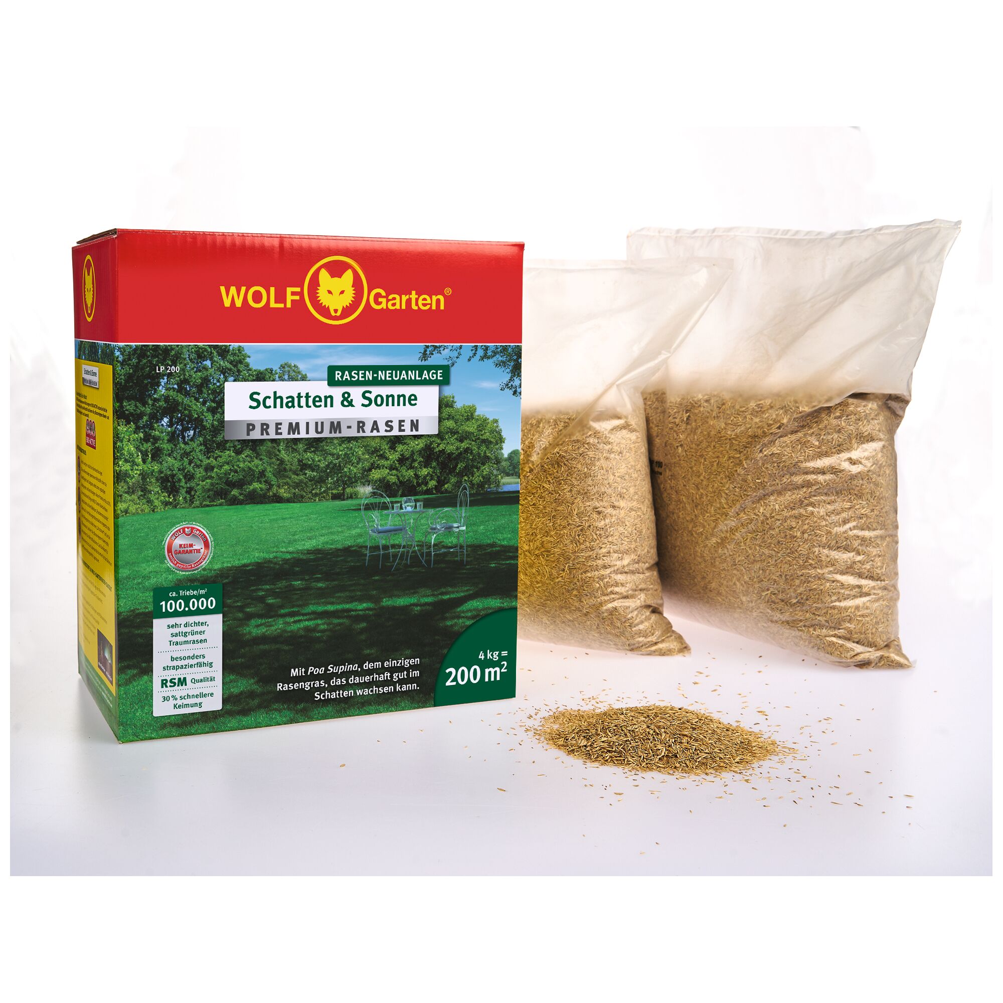 A box of WOLF Garten premium lawn seed for shade and sun, labeled 'Schatten & Sonne', is shown next to two transparent bags filled with lawn seed and a small pile of loose seeds on a white surface.
