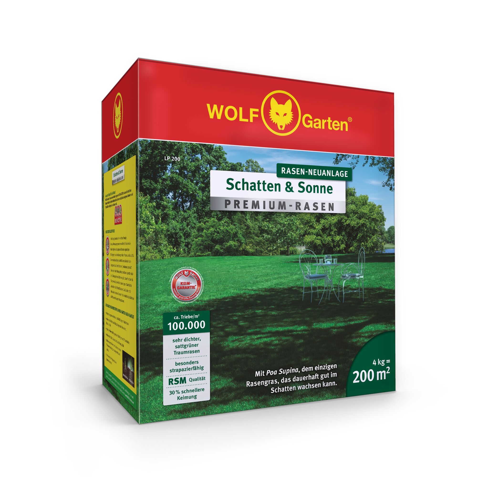 A box of WOLF Garten Schatten & Sonne Premium lawn seed, designed for dense and lush grass coverage in both sun and shade areas, capable of covering 200 square meters. The package is red and green, with product information and images of grass and garden furniture.