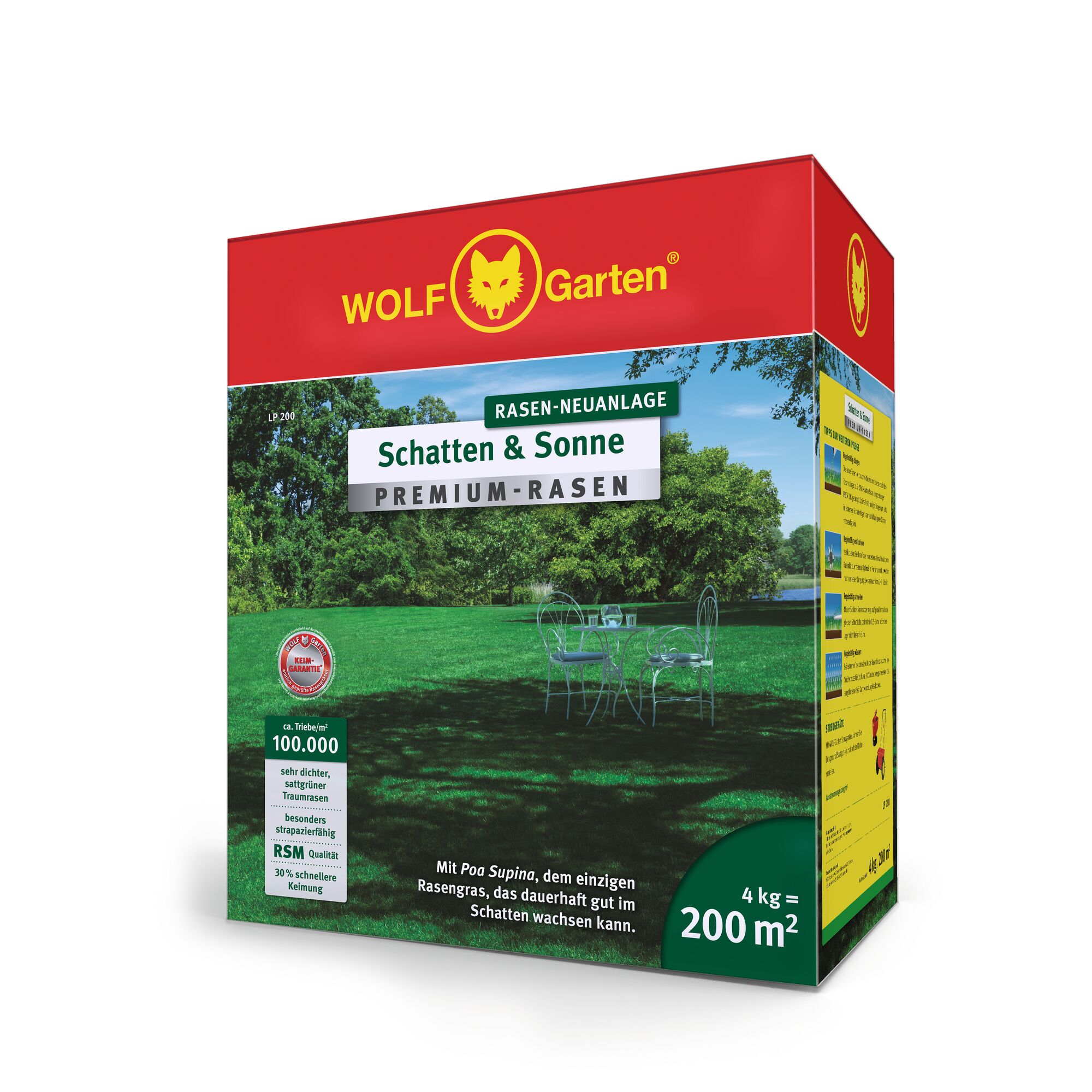 A box of WOLF Garten Premium Lawn Seed for shade and sun areas, suitable for establishing new lawns. The packaging shows a lush green lawn with garden furniture and trees in the background. The product is 4 kg, covering up to 200 square meters.