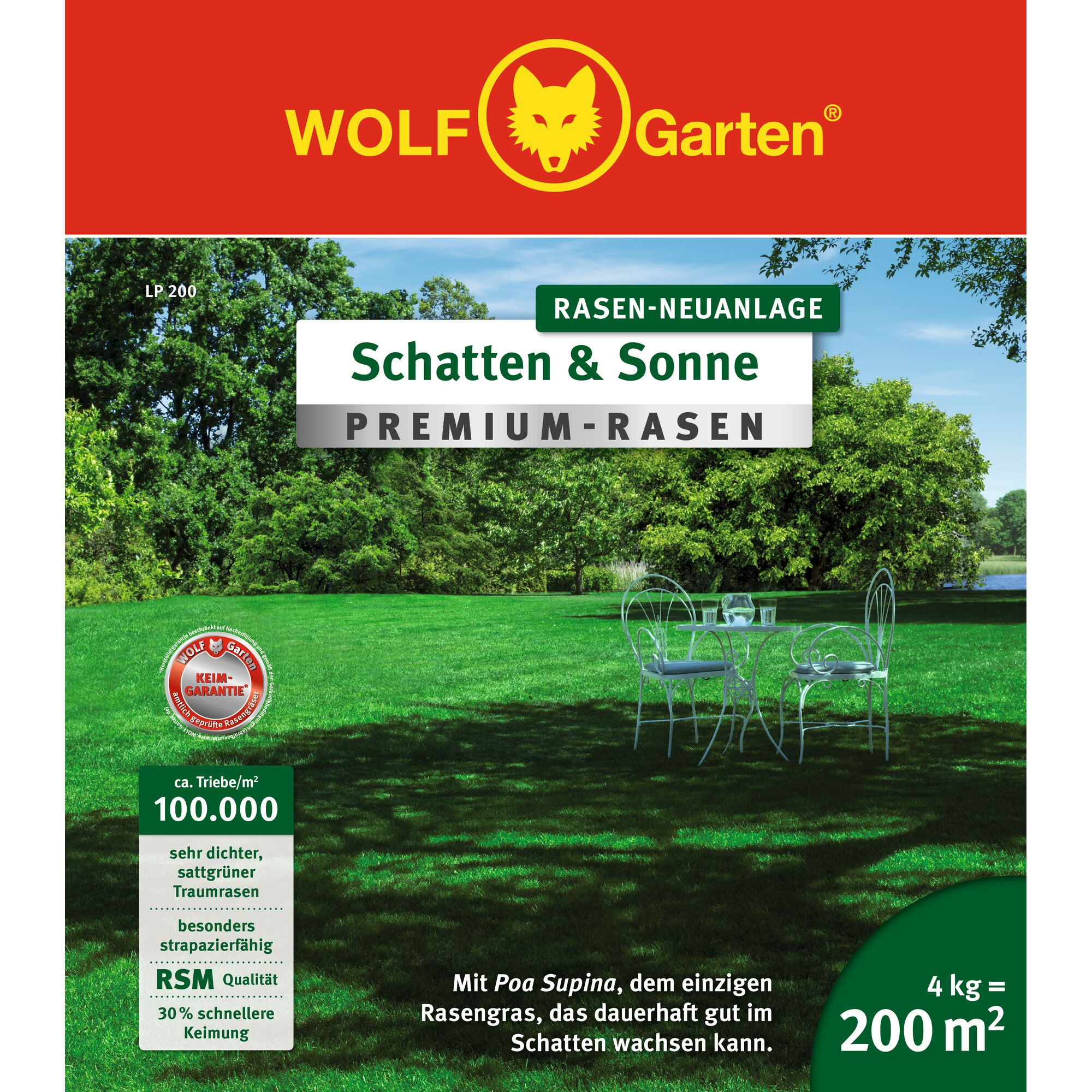 Front packaging of WOLFGarten premium lawn seed for shadow and sun areas (Schatten & Sonne), showing a lush green lawn with an outdoor metal table and chairs, surrounded by trees. The packaging highlights features such as 100,000 shoots per square meter, dense and vivid green grass, durability, RSM quality, and faster germination. Suitable for 200 square meters with 4 kg of product.